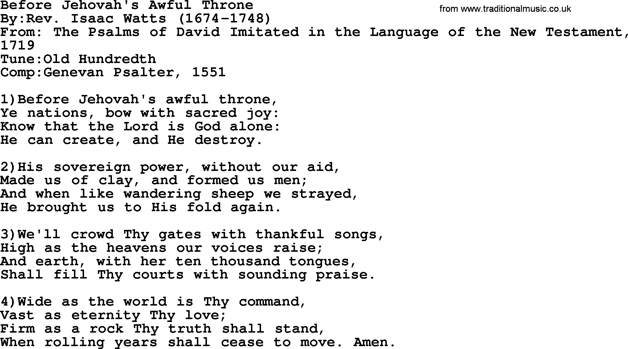 Methodist Hymn: Before Jehovah's Awful Throne, lyrics