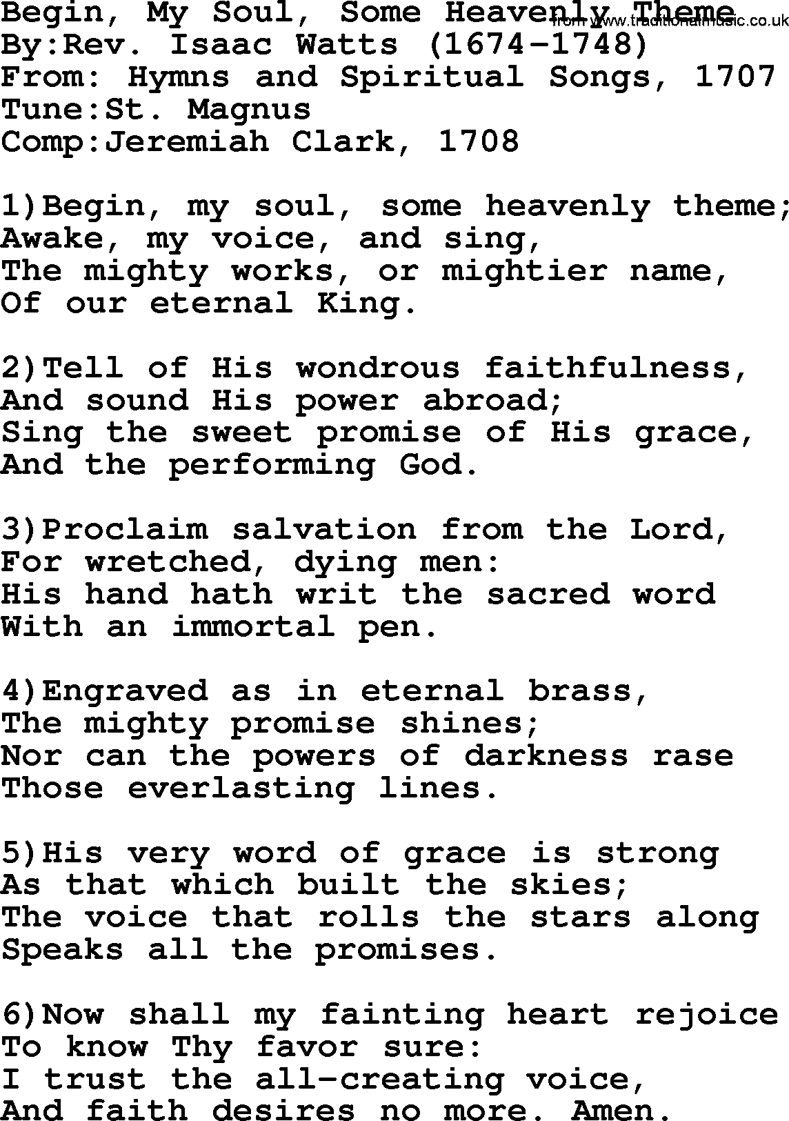 Methodist Hymn: Begin, My Soul, Some Heavenly Theme, lyrics