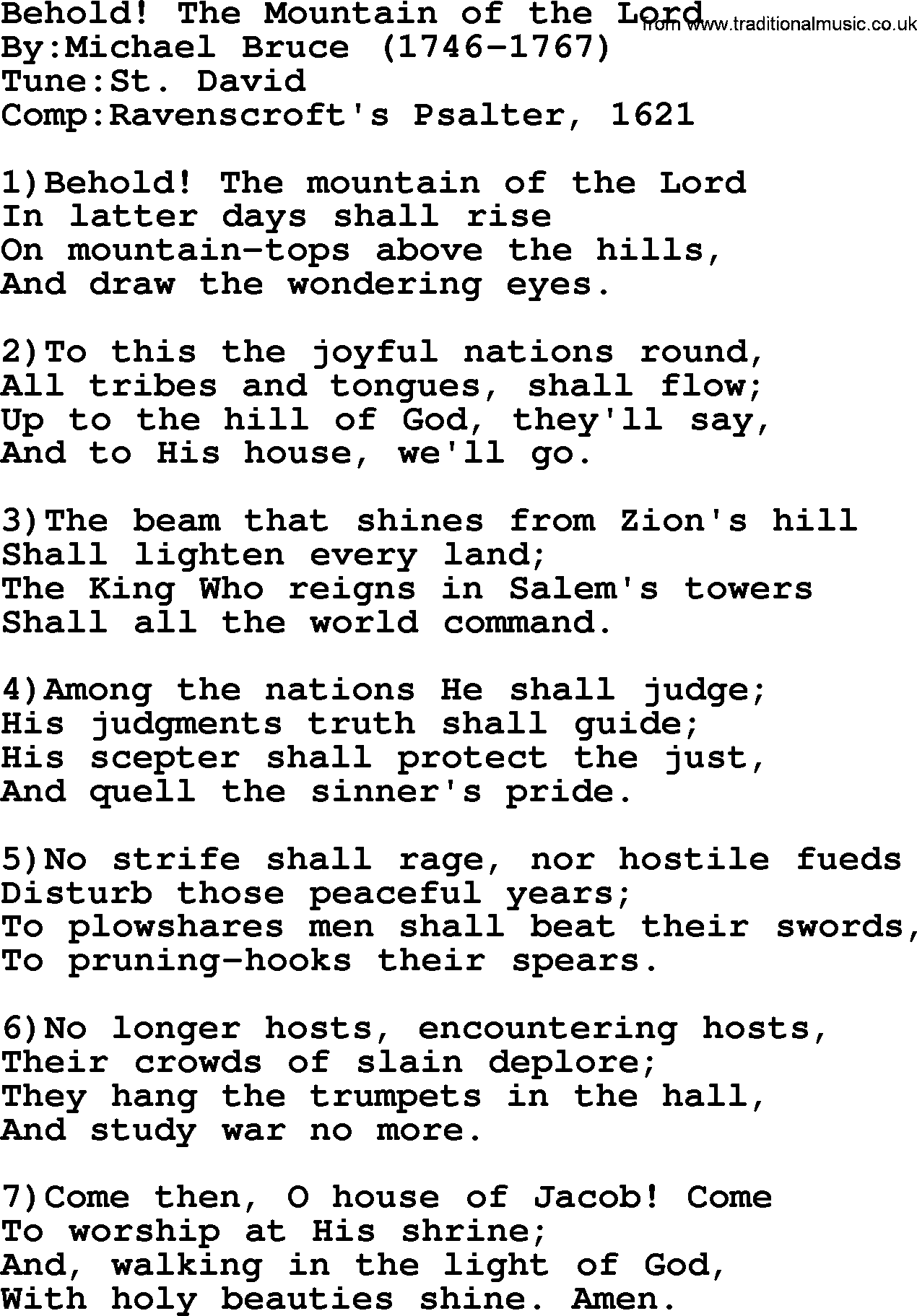 Methodist Hymn: Behold! The Mountain Of The Lord, lyrics