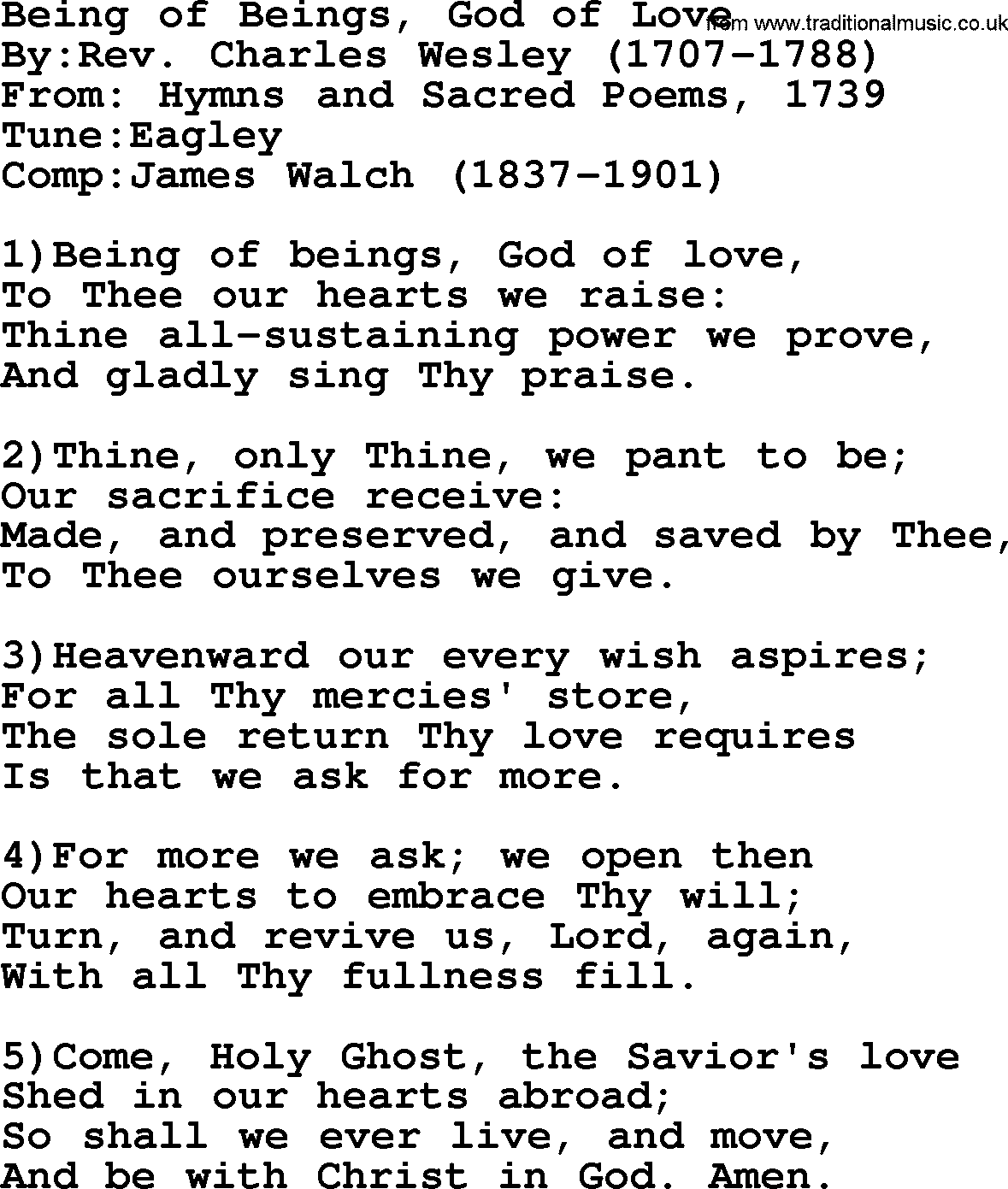 Methodist Hymn: Being Of Beings, God Of Love, lyrics