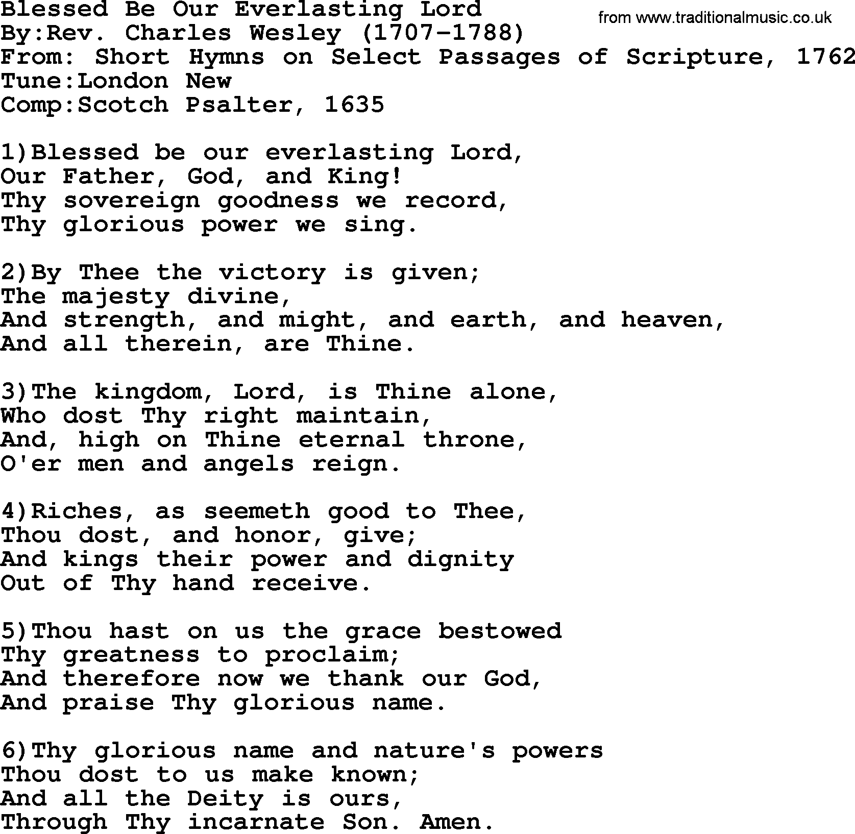 Methodist Hymn: Blessed Be Our Everlasting Lord, lyrics