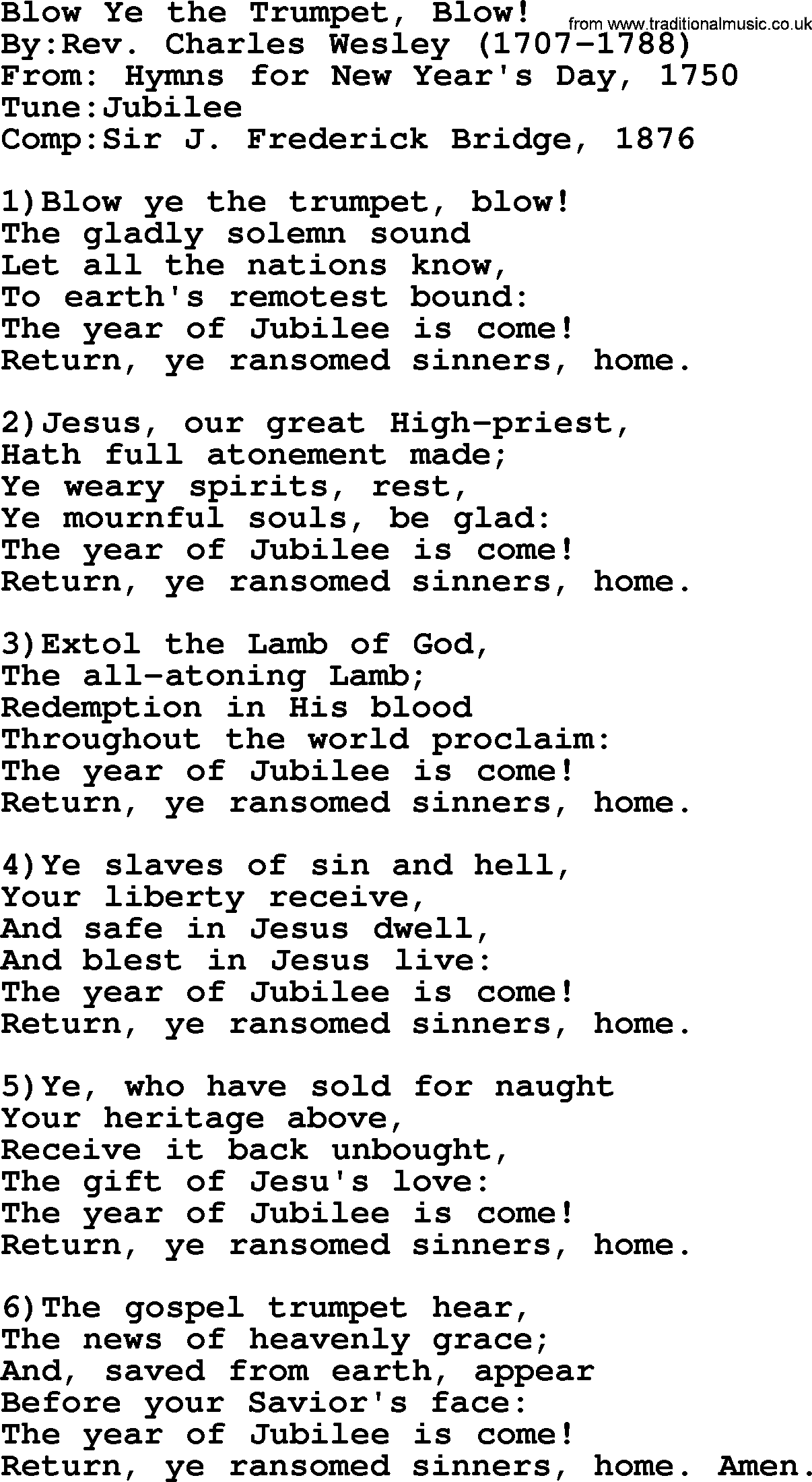 Methodist Hymn: Blow Ye The Trumpet, Blow!, lyrics