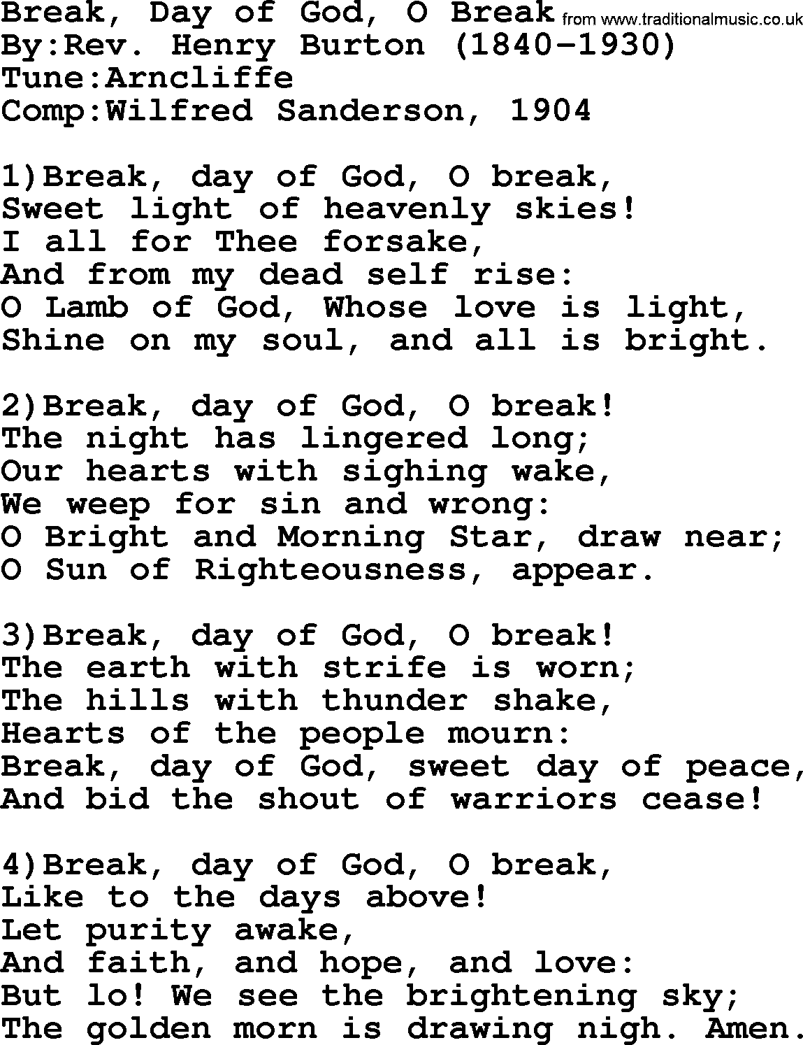Methodist Hymn: Break, Day Of God, O Break, lyrics