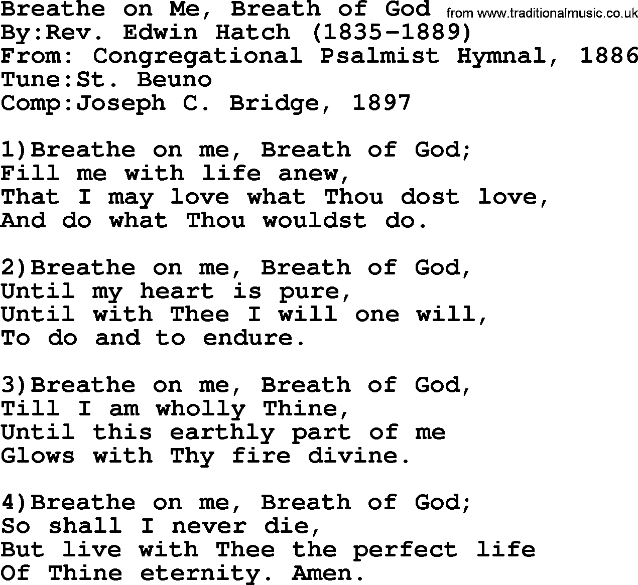 Methodist Hymn: Breathe On Me, Breath Of God, lyrics