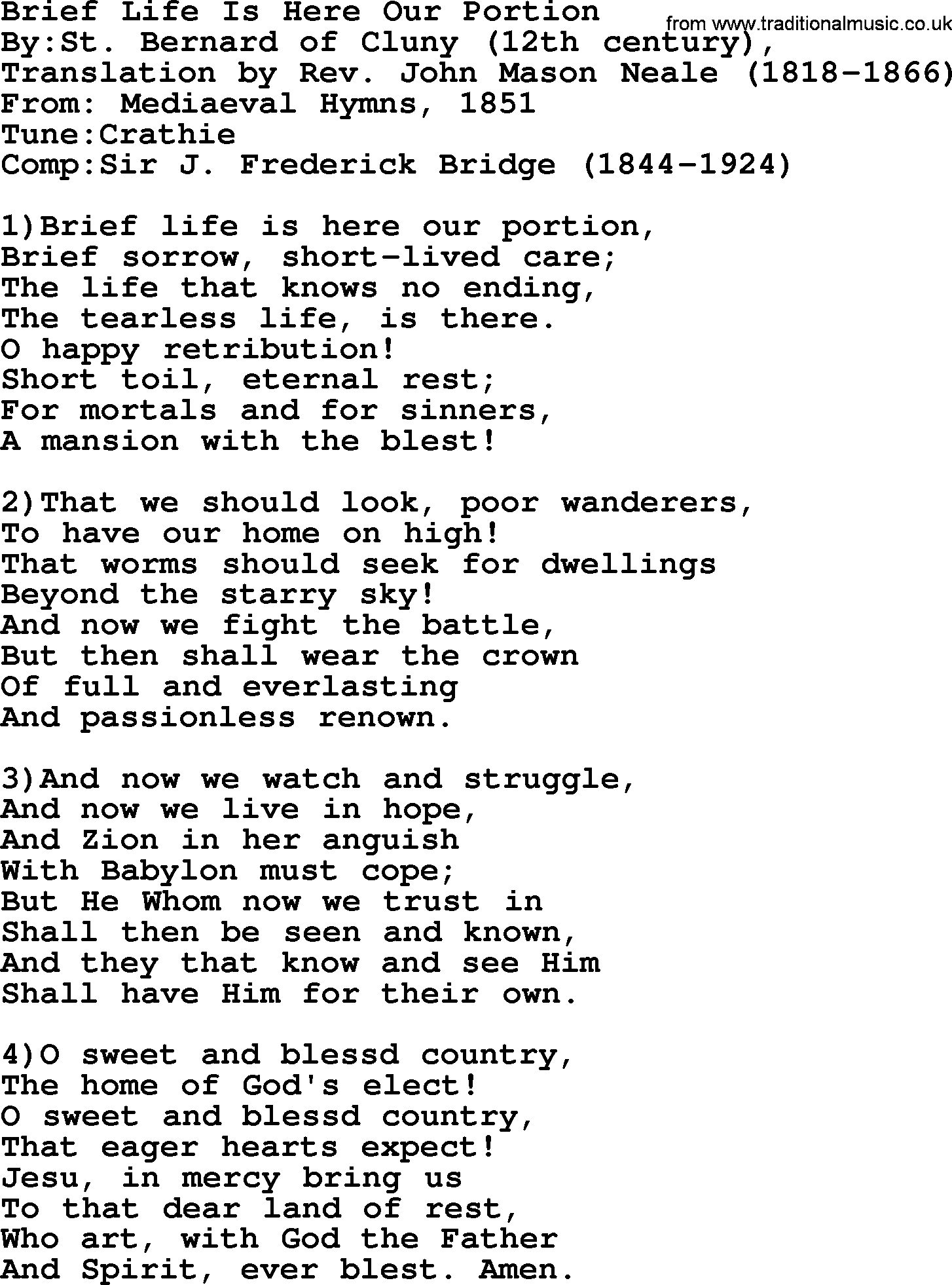 Methodist Hymn: Brief Life Is Here Our Portion, lyrics