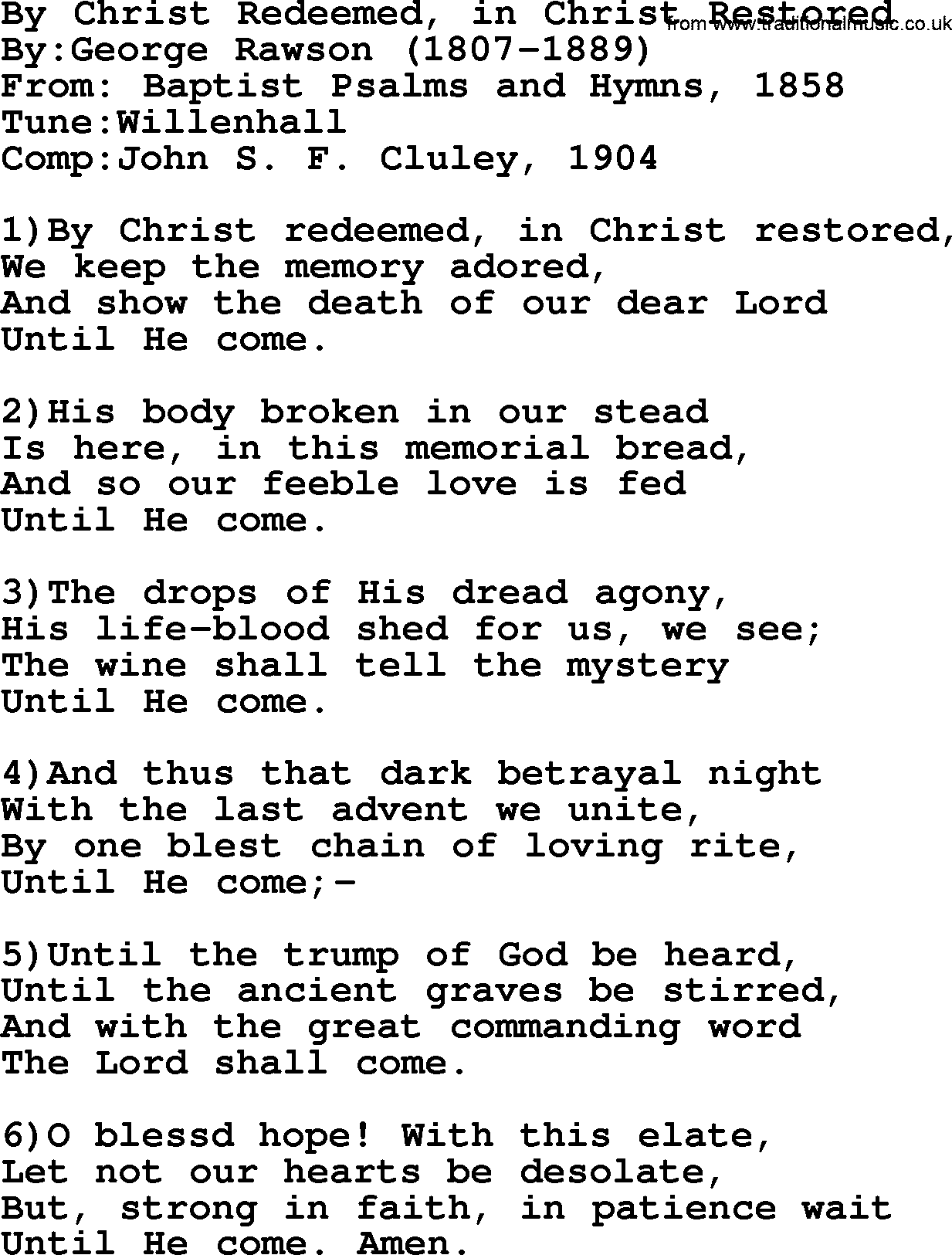 Methodist Hymn: By Christ Redeemed, In Christ Restored, lyrics