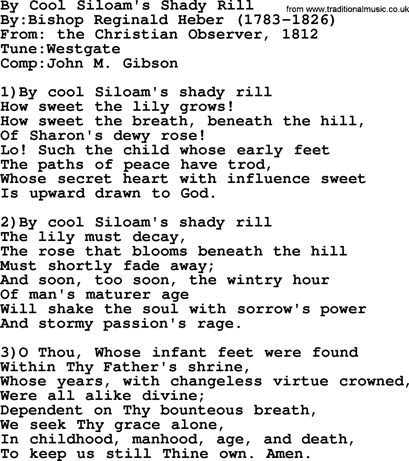 Methodist Hymn: By Cool Siloam's Shady Rill, lyrics