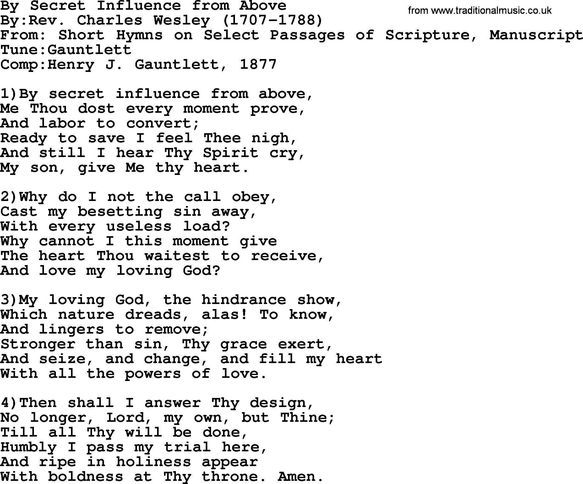 Methodist Hymn: By Secret Influence From Above, lyrics