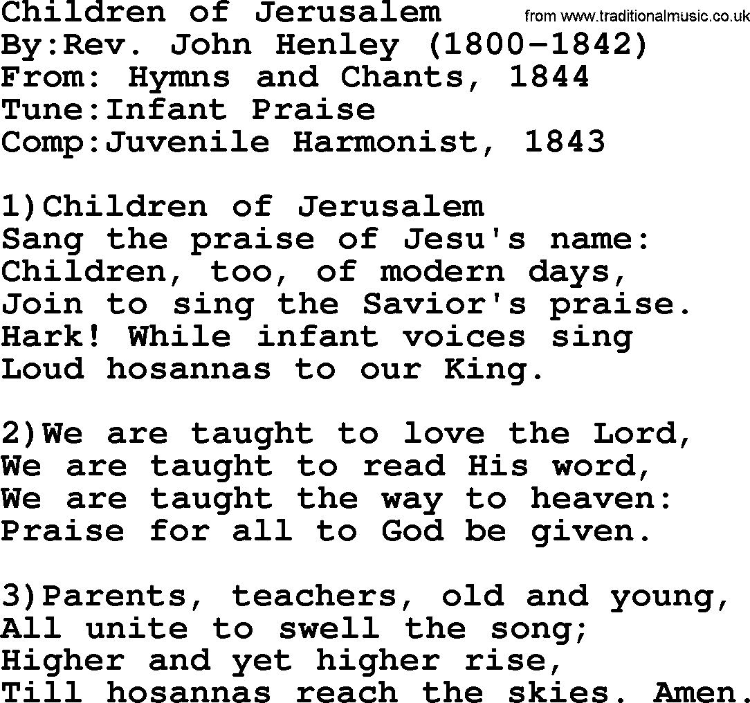 Methodist Hymn: Children Of Jerusalem, lyrics