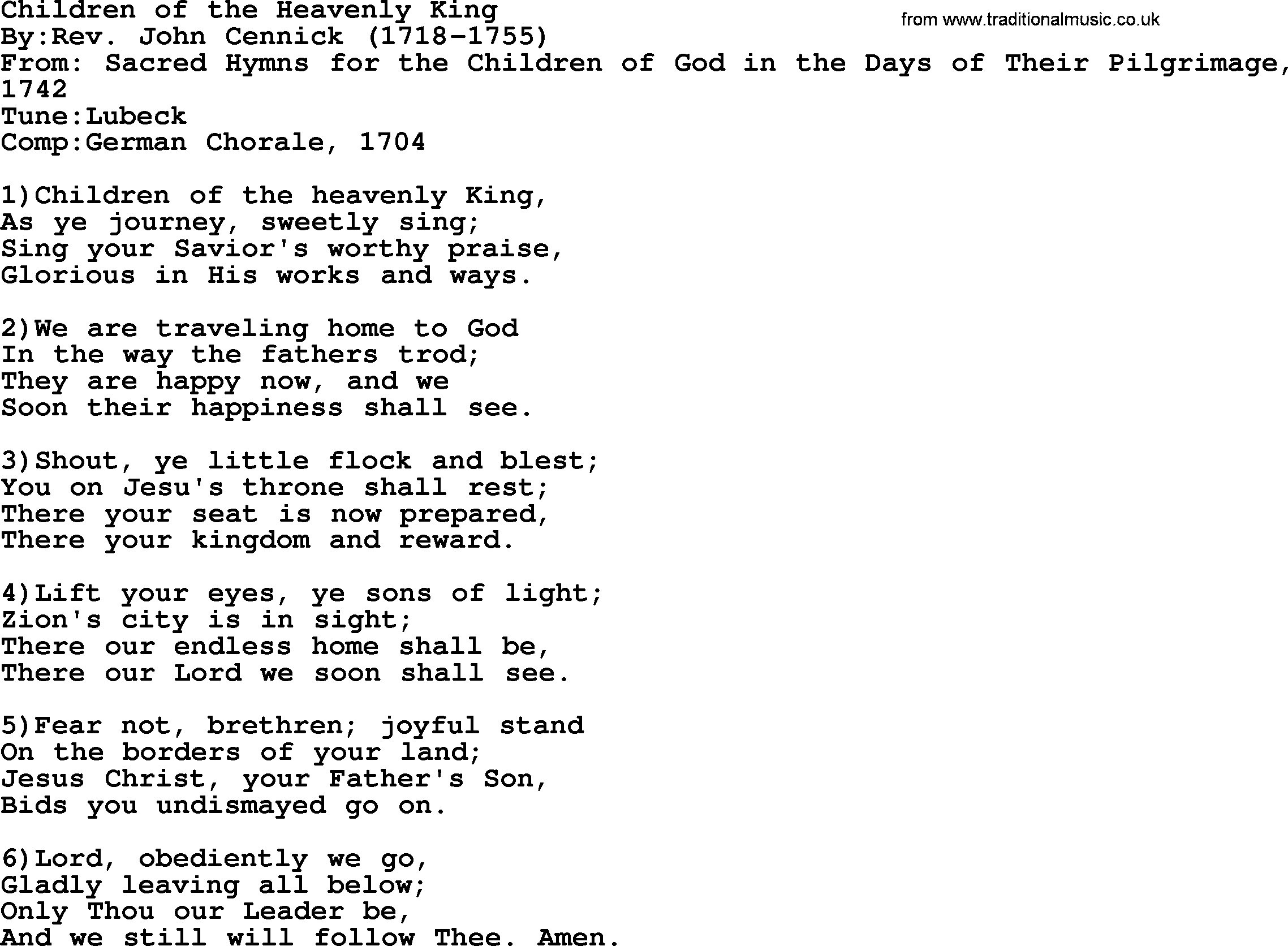 Methodist Hymn: Children Of The Heavenly King, lyrics