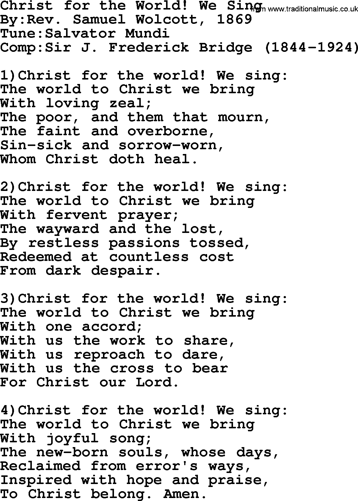 Methodist Hymn: Christ For The World! We Sing, lyrics