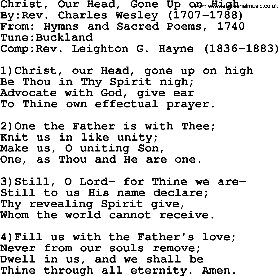 Methodist Hymn: Christ, Our Head, Gone Up On High, lyrics