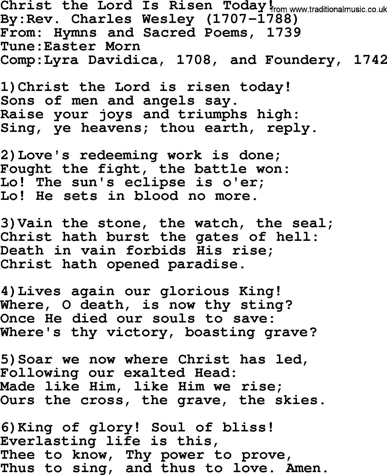 Methodist Hymn: Christ The Lord Is Risen Today!, lyrics