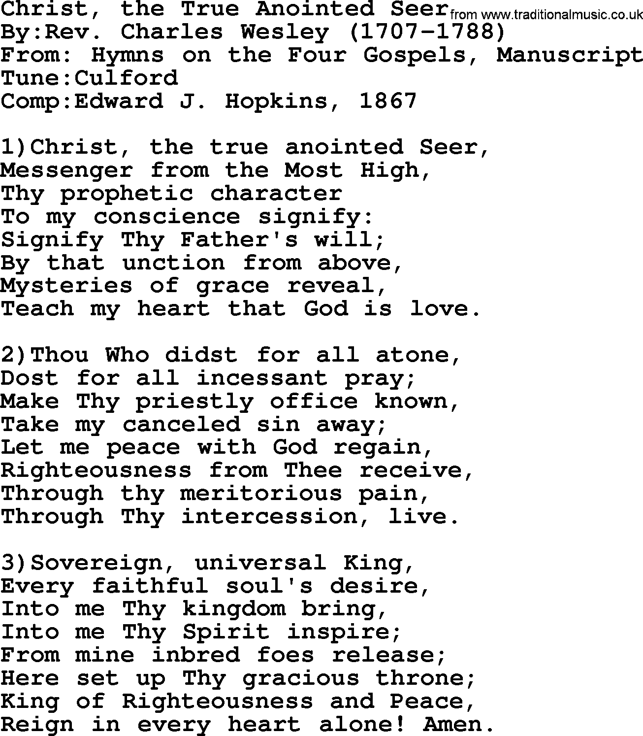 Methodist Hymn: Christ, The True Anointed Seer, lyrics