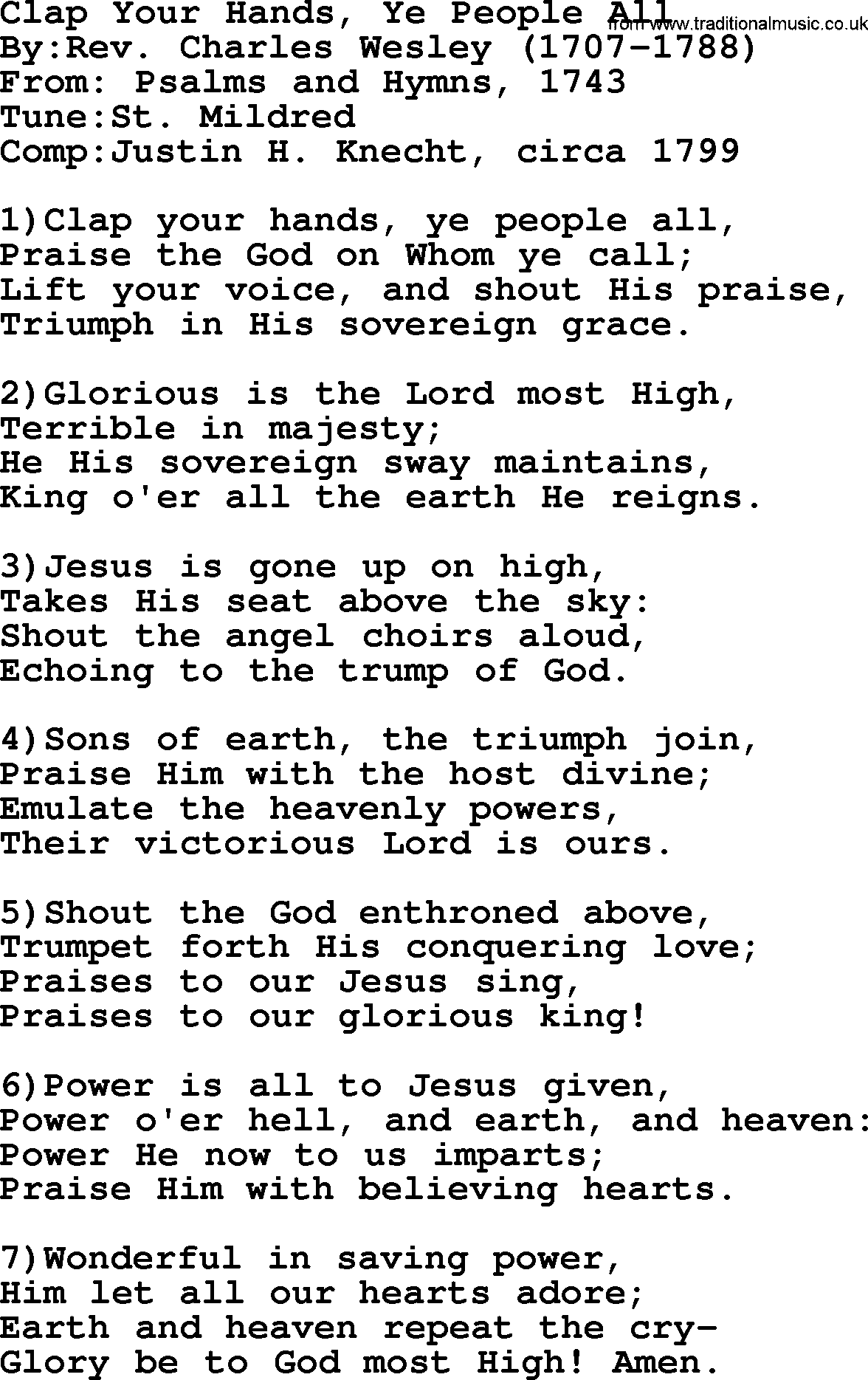 Methodist Hymn: Clap Your Hands, Ye People All, lyrics