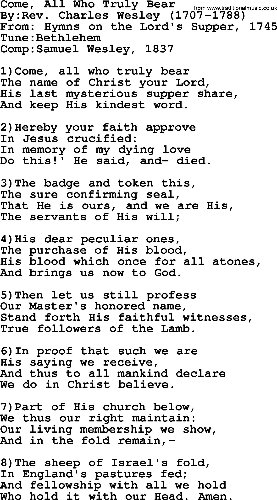 Methodist Hymn: Come, All Who Truly Bear, lyrics
