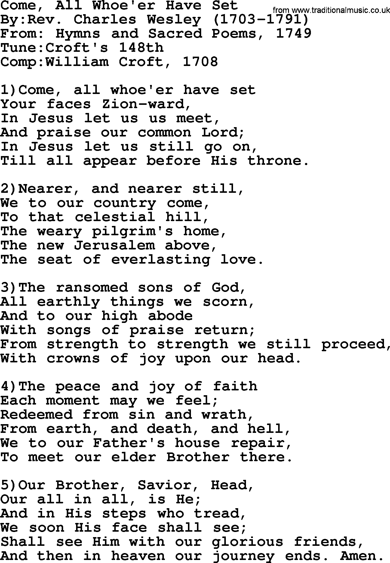 Methodist Hymn: Come, All Whoe'er Have Set, lyrics