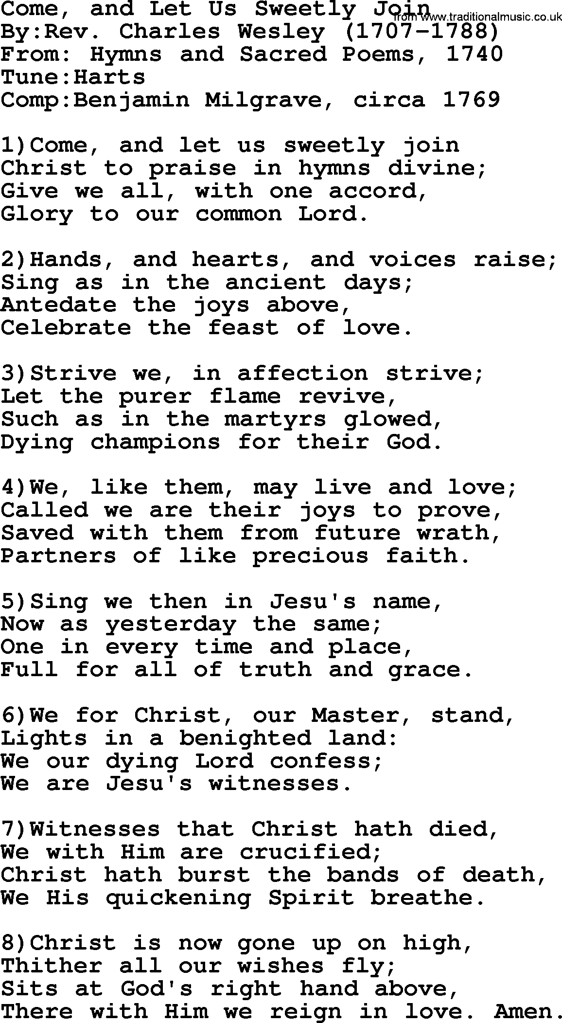 Methodist Hymn: Come, And Let Us Sweetly Join, lyrics