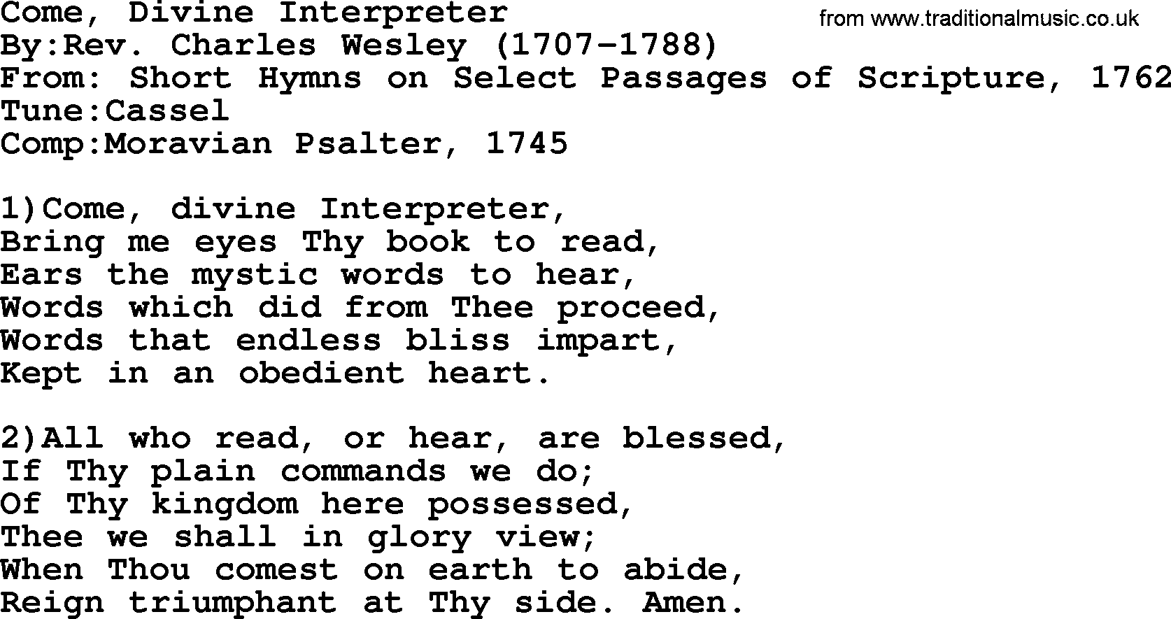Methodist Hymn: Come, Divine Interpreter, lyrics