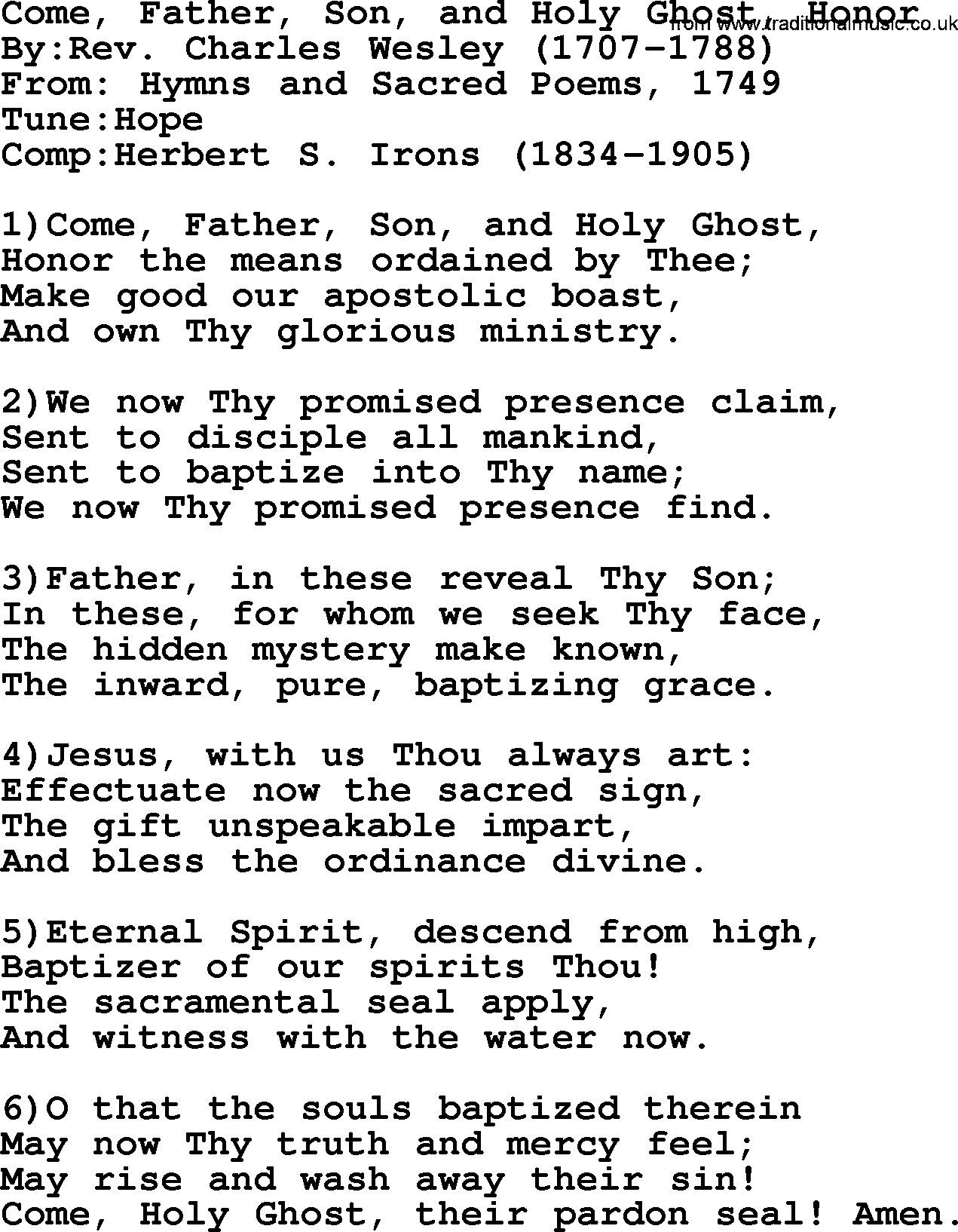 Methodist Hymn: Come, Father, Son, And Holy Ghost, Honor, lyrics