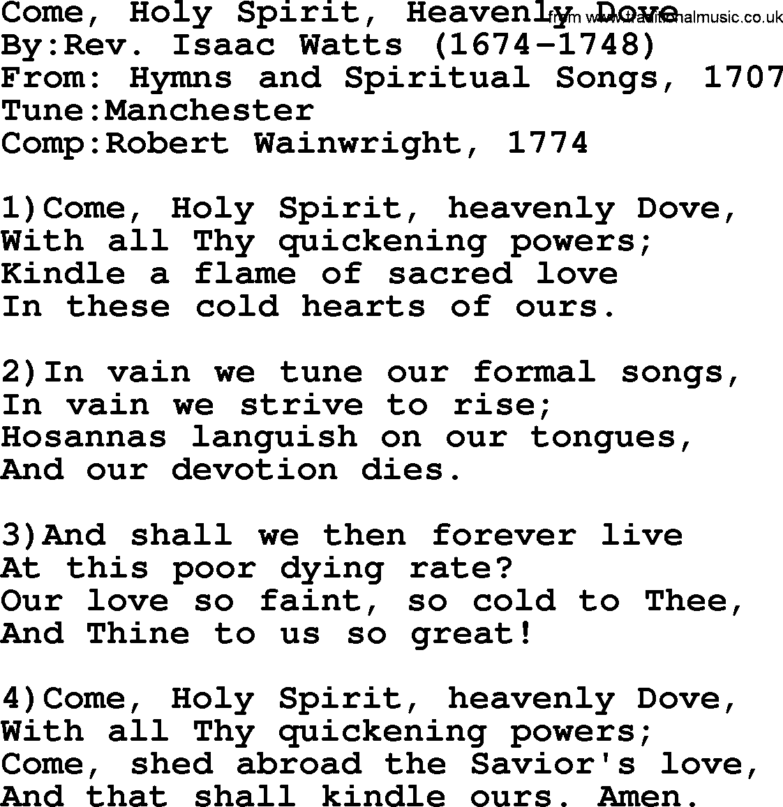Methodist Hymn: Come, Holy Spirit, Heavenly Dove, lyrics
