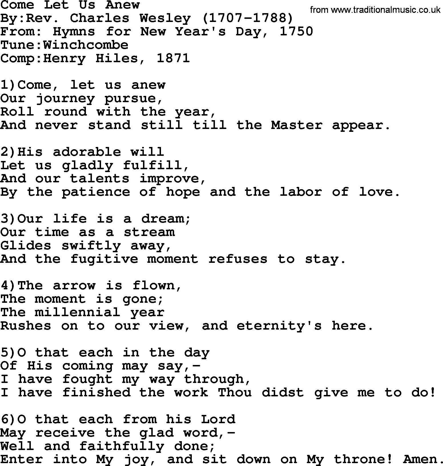 Methodist Hymn: Come Let Us Anew, lyrics