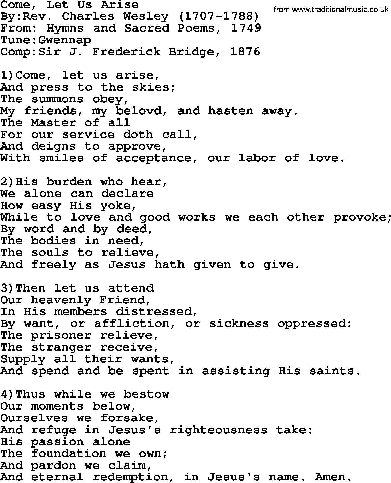 Methodist Hymn: Come, Let Us Arise, lyrics