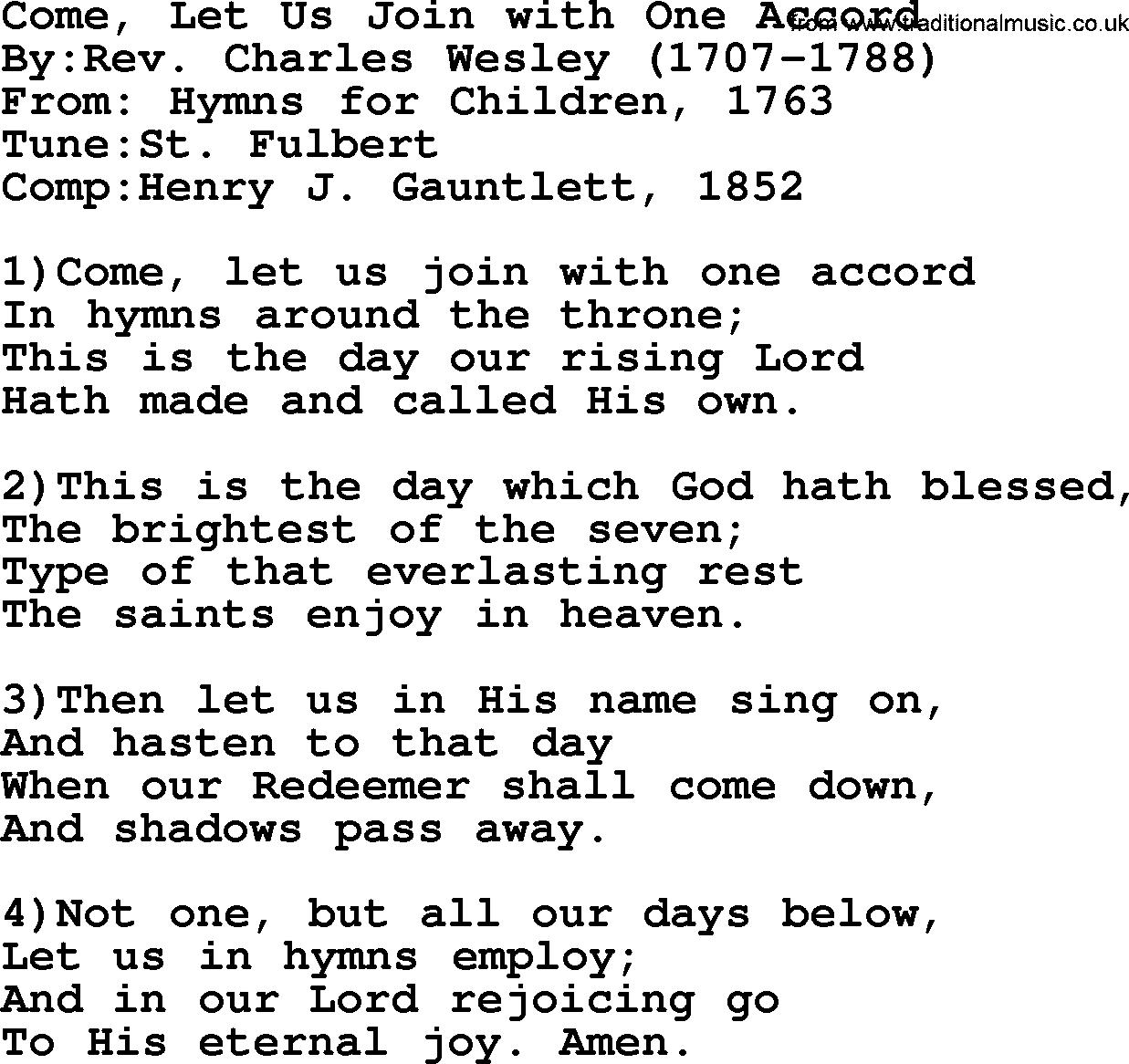 Methodist Hymn: Come, Let Us Join With One Accord, lyrics