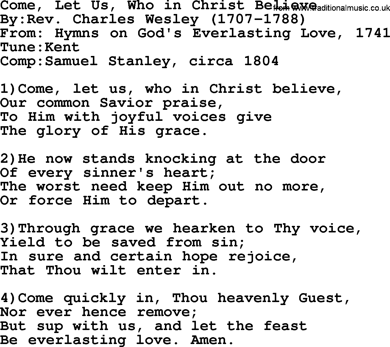 Methodist Hymn: Come, Let Us, Who In Christ Believe, lyrics