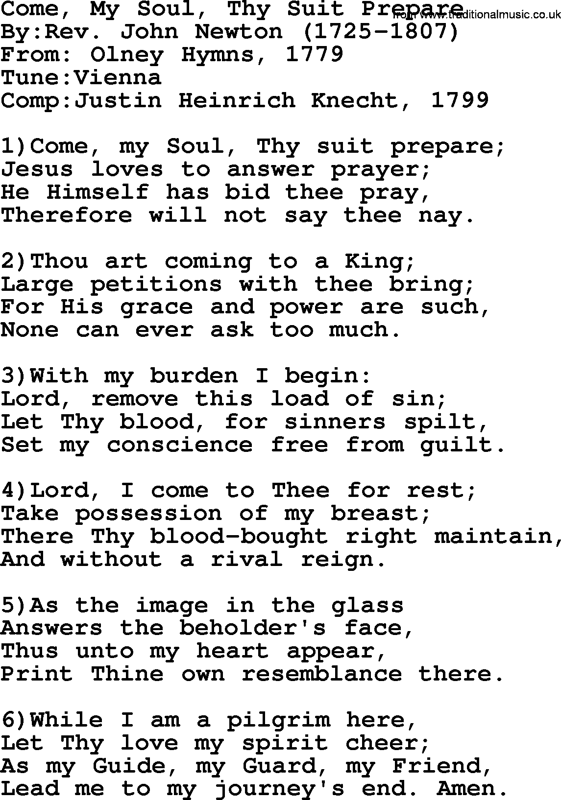 Methodist Hymn: Come, My Soul, Thy Suit Prepare, lyrics