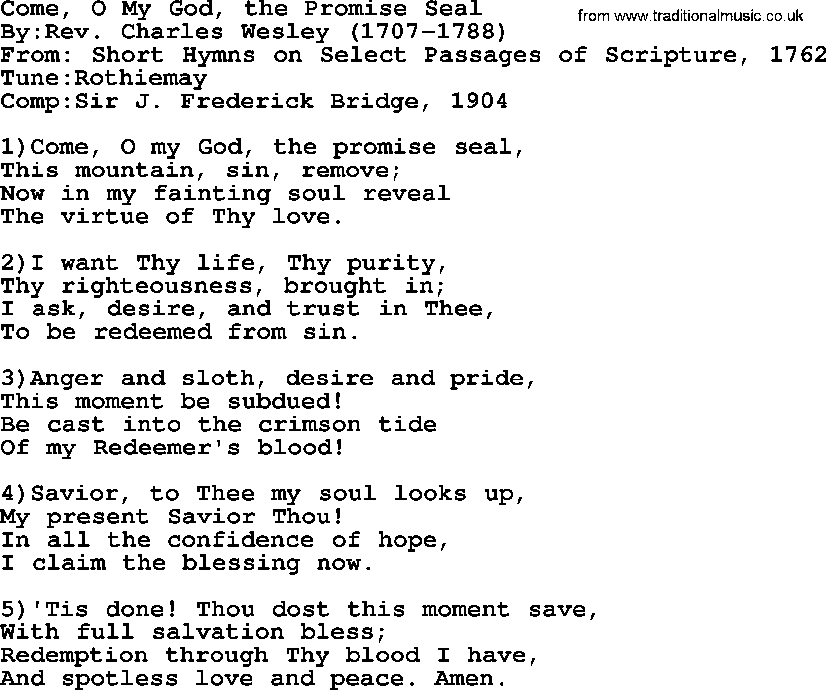 Methodist Hymn: Come, O My God, The Promise Seal, lyrics