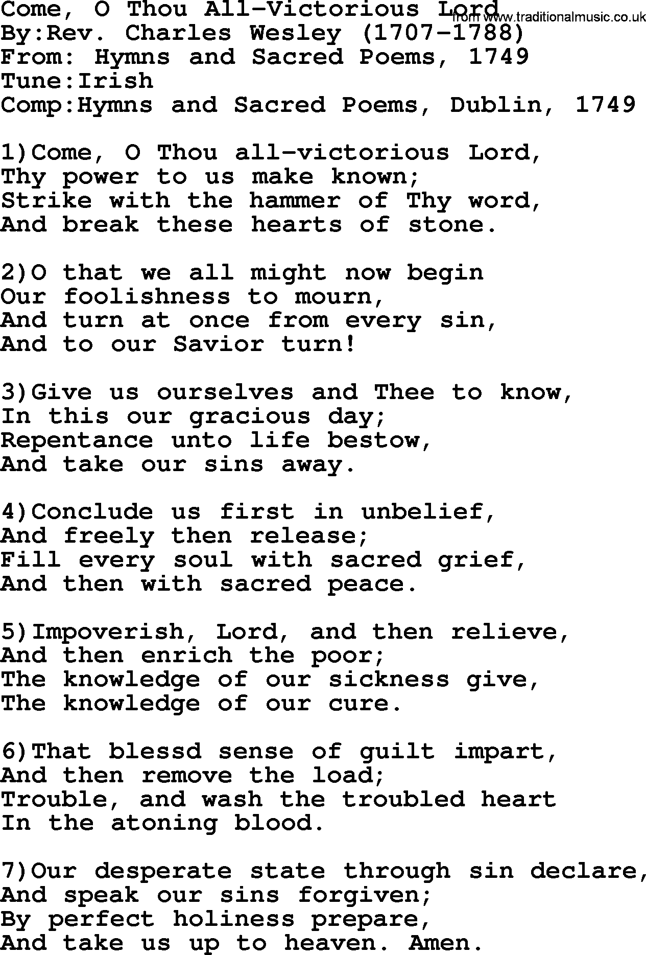 Methodist Hymn: Come, O Thou All-victorious Lord, lyrics