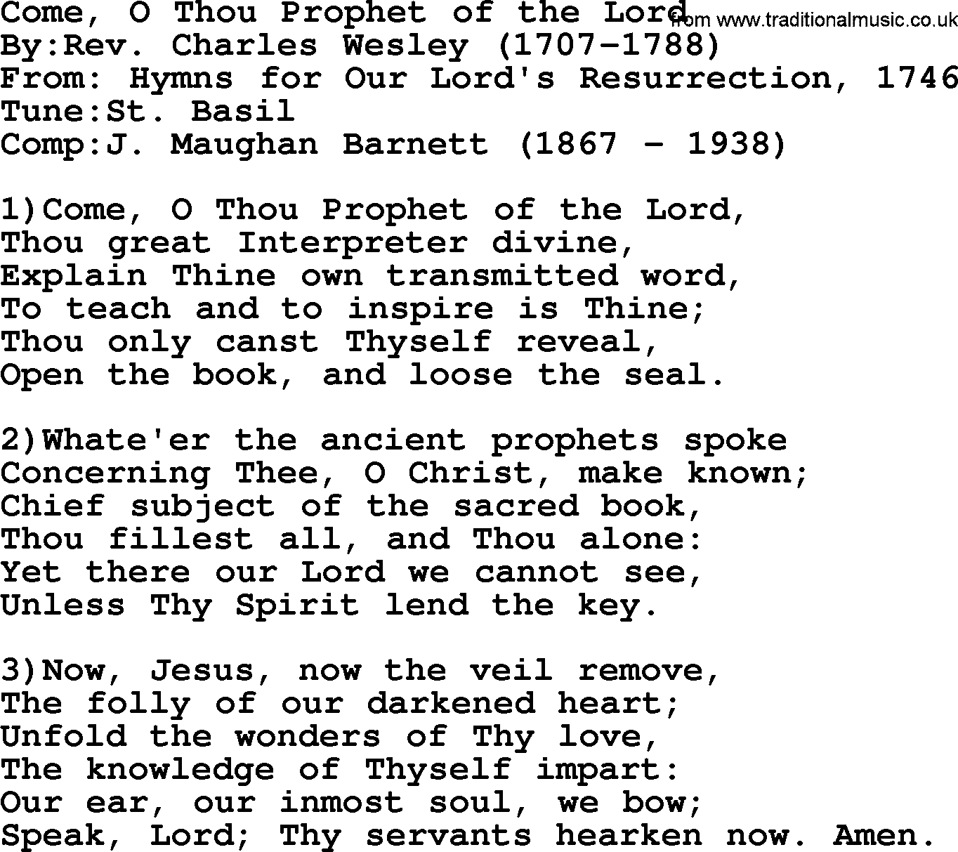 Methodist Hymn: Come, O Thou Prophet Of The Lord, lyrics