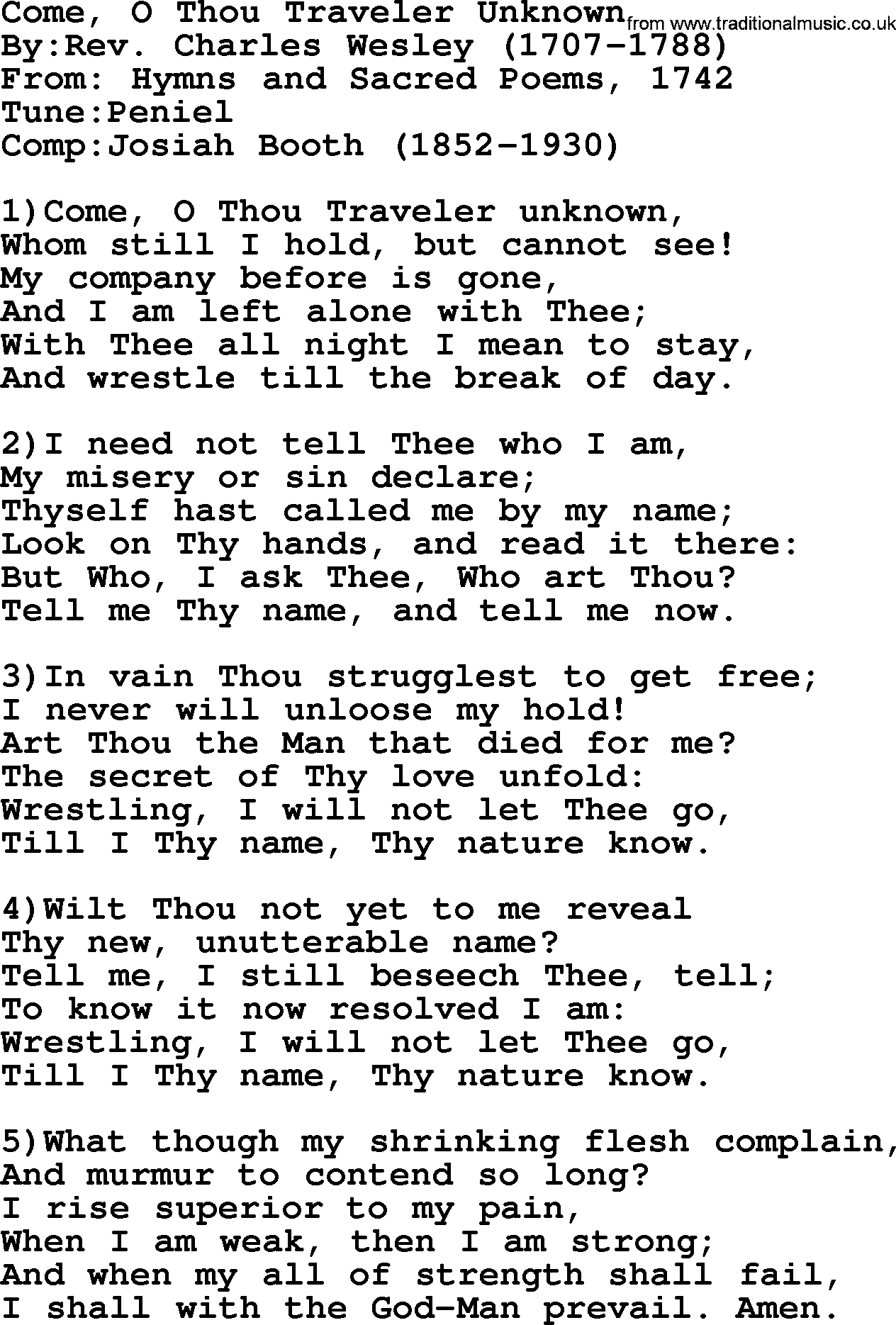 Methodist Hymn: Come, O Thou Traveler Unknown, lyrics