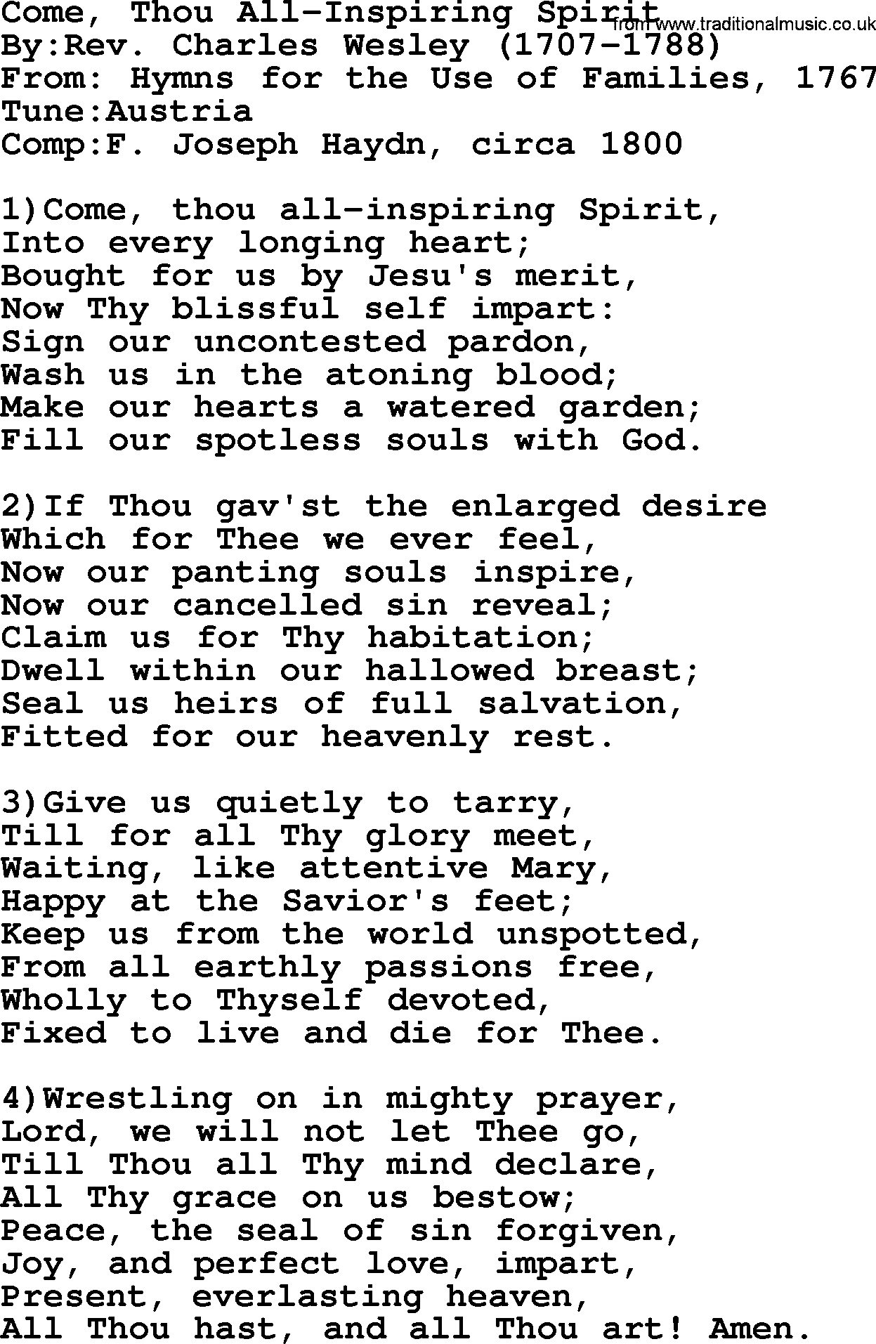 Methodist Hymn: Come, Thou All-inspiring Spirit, lyrics