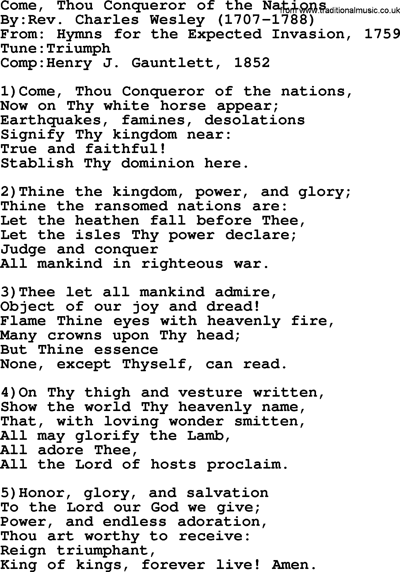 Methodist Hymn: Come, Thou Conqueror Of The Nations, lyrics