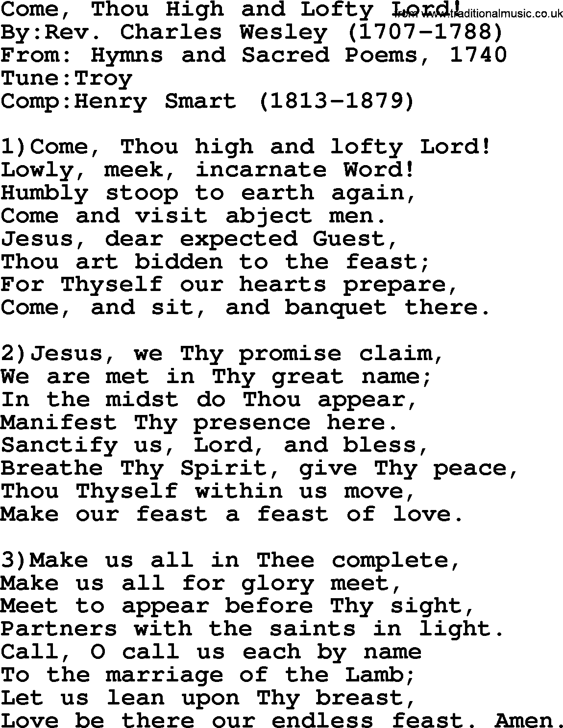 Methodist Hymn: Come, Thou High And Lofty Lord!, lyrics