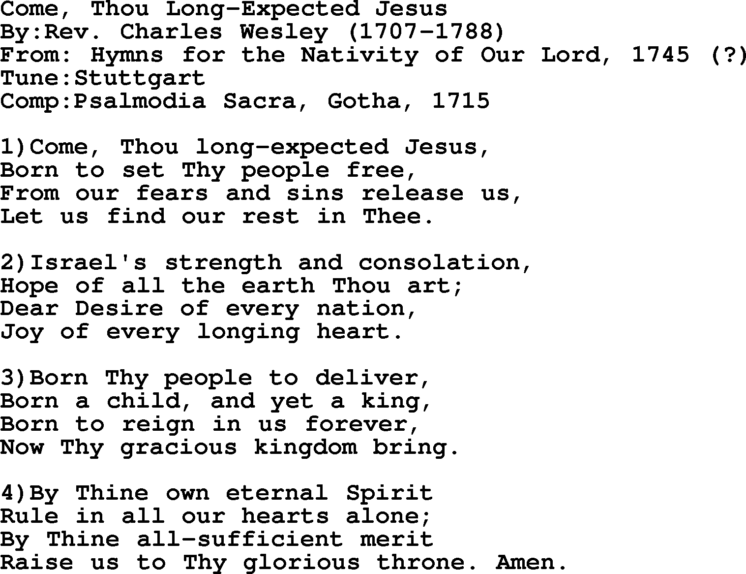 Methodist Hymn: Come, Thou Long-expected Jesus, lyrics