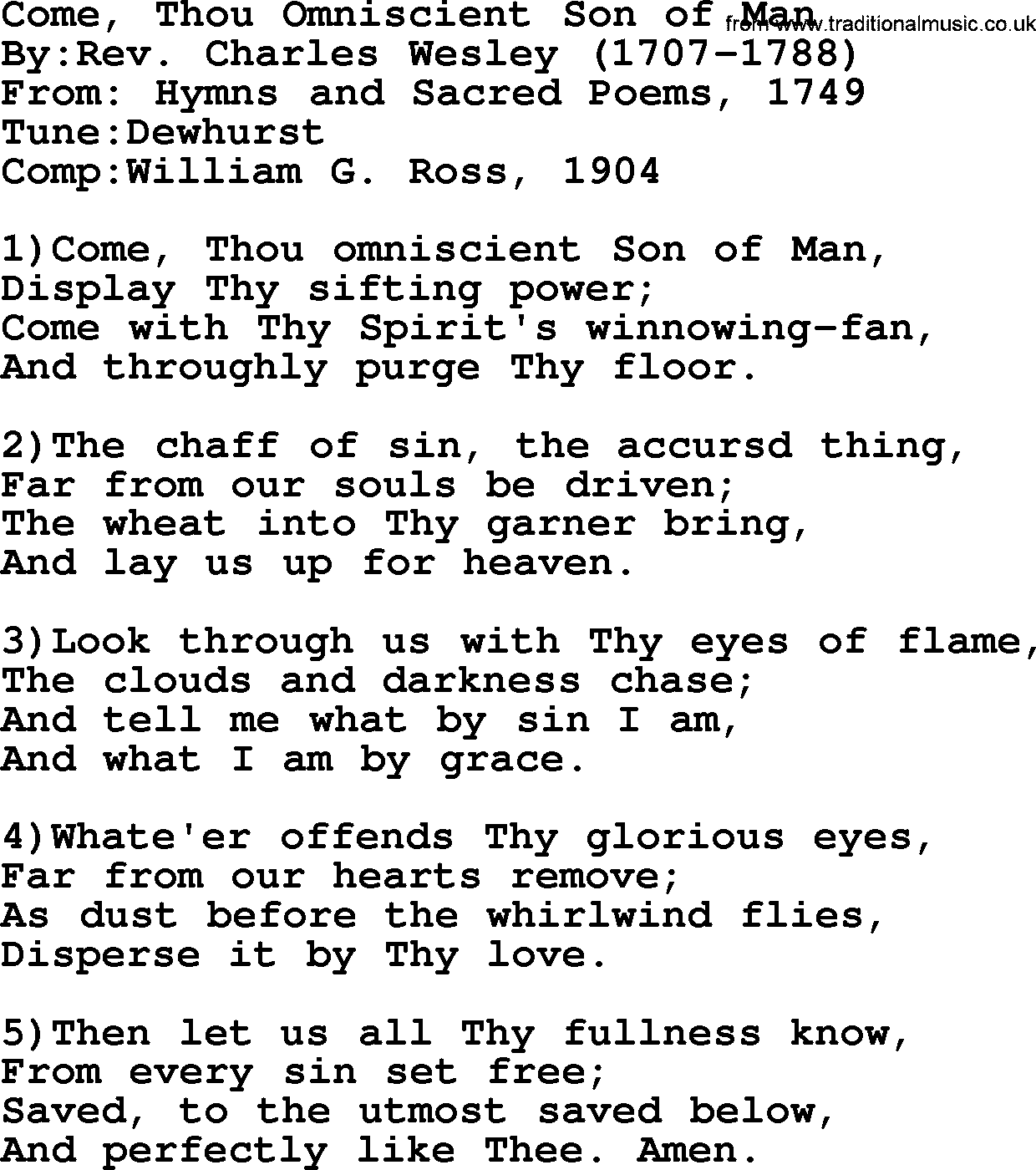 Methodist Hymn: Come, Thou Omniscient Son Of Man, lyrics