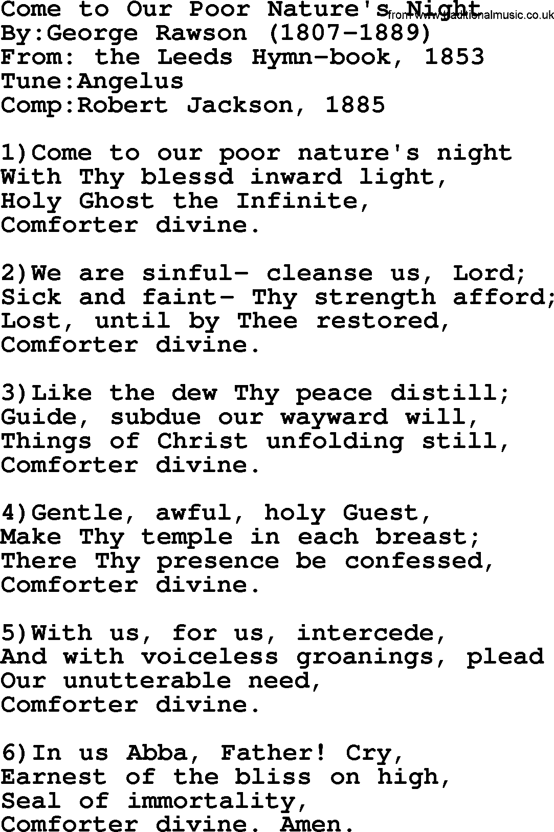 Methodist Hymn: Come To Our Poor Nature's Night, lyrics