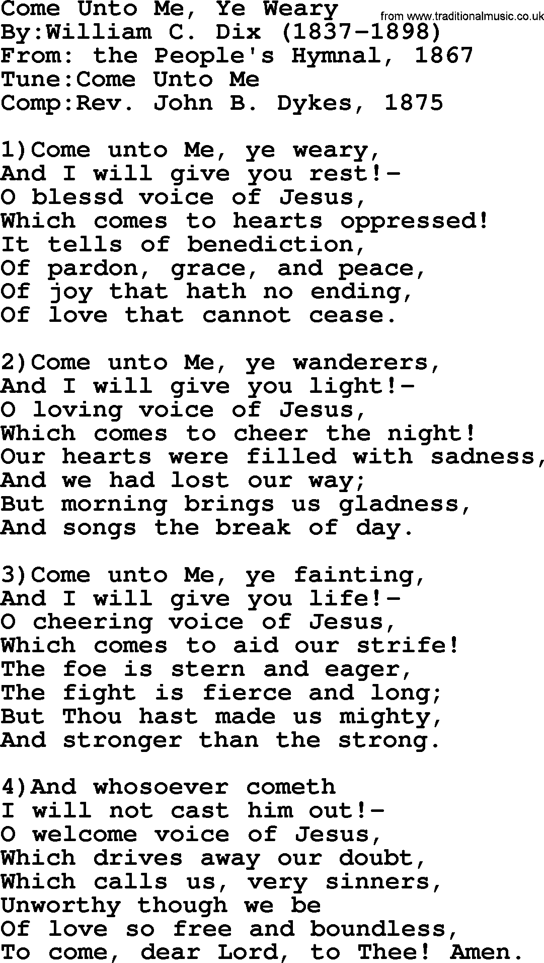 Methodist Hymn: Come Unto Me, Ye Weary, lyrics