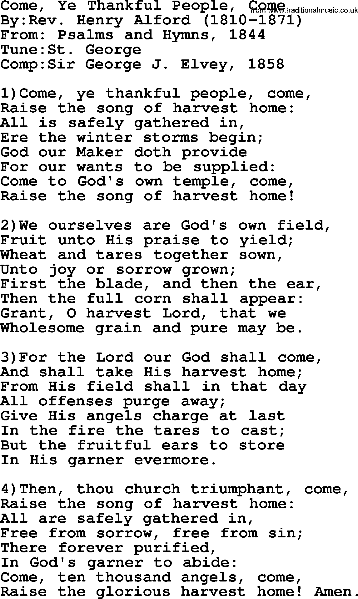 Methodist Hymn: Come, Ye Thankful People, Come, lyrics