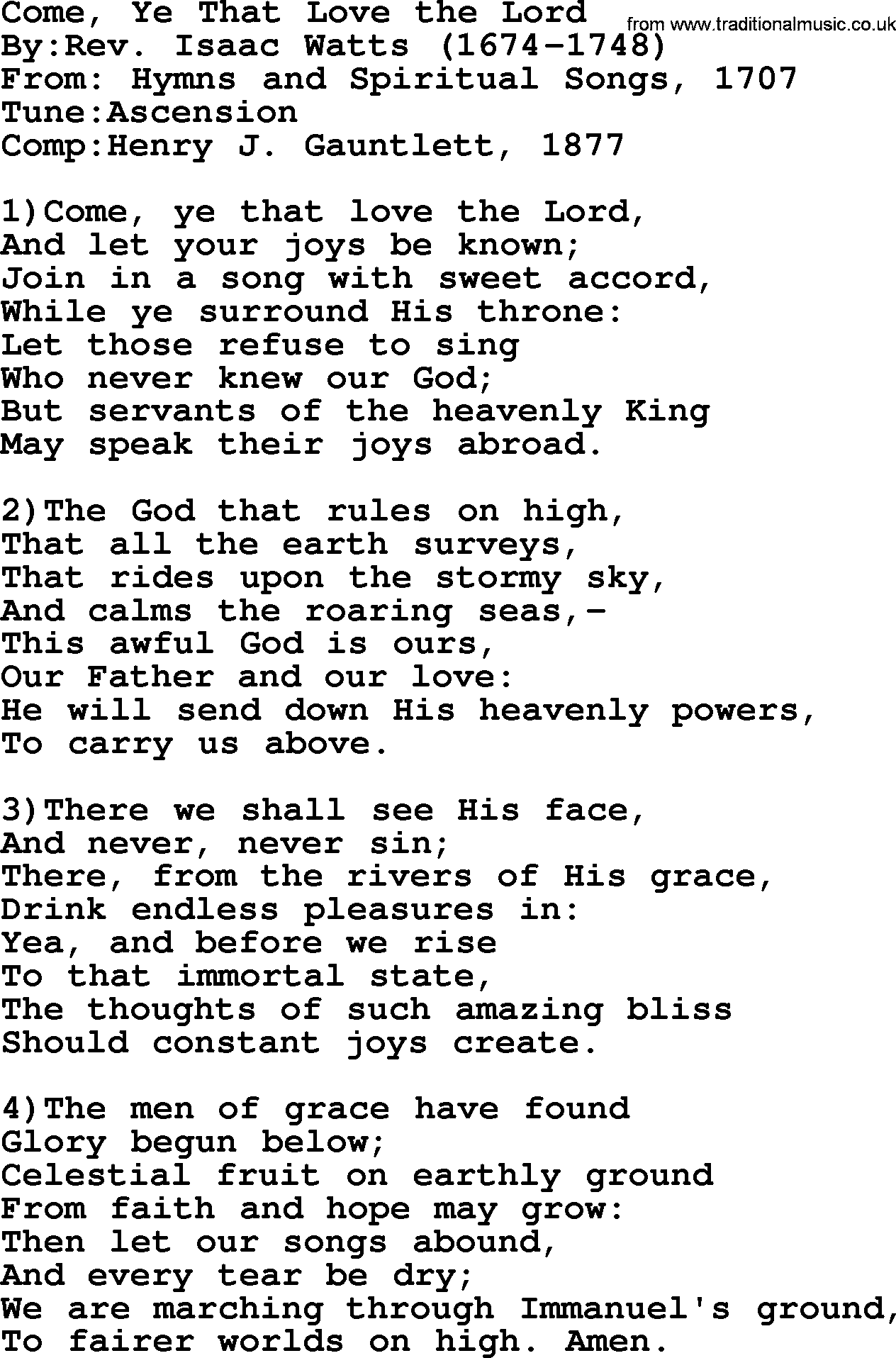 Methodist Hymn: Come, Ye That Love The Lord, lyrics