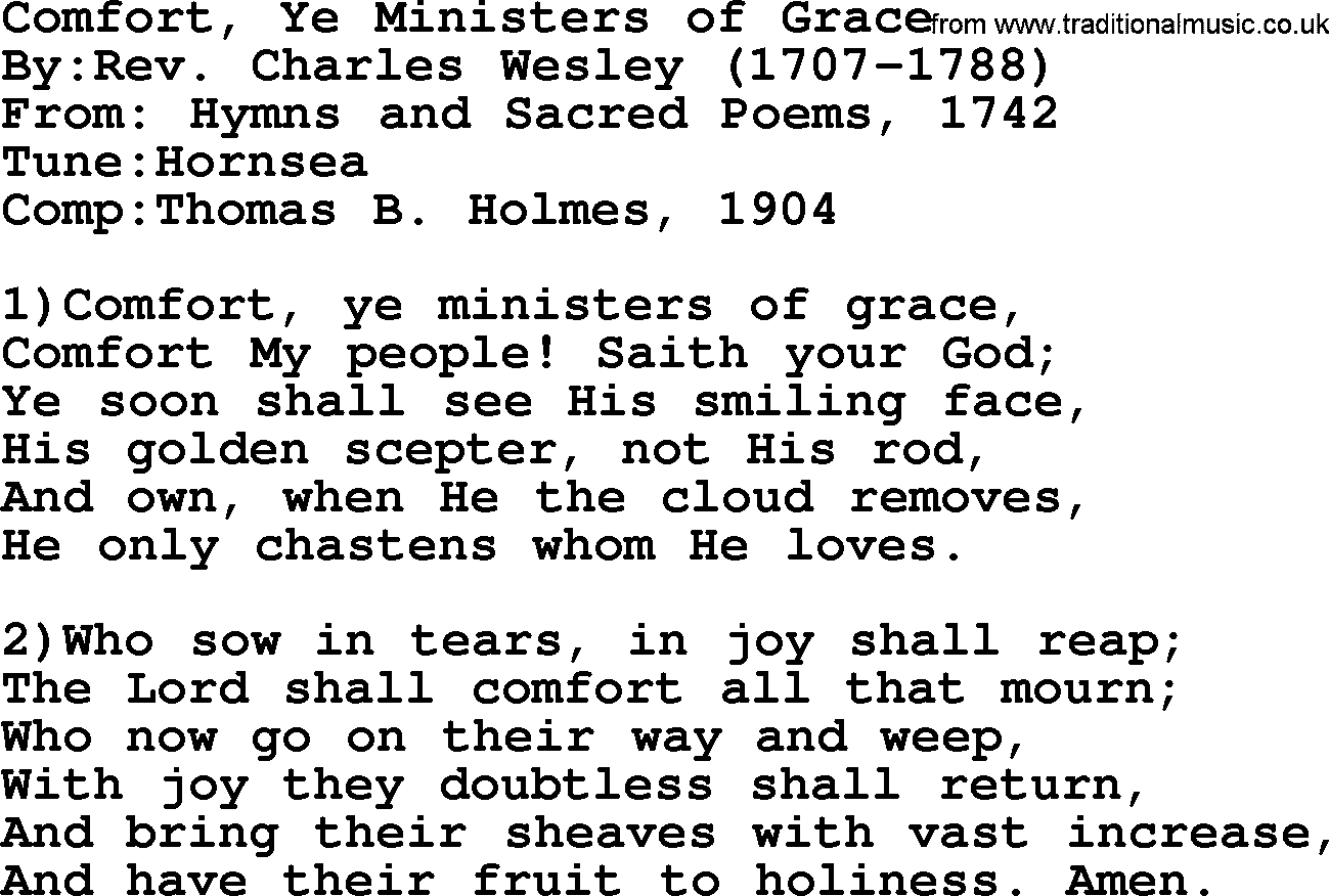 Methodist Hymn: Comfort, Ye Ministers Of Grace, lyrics