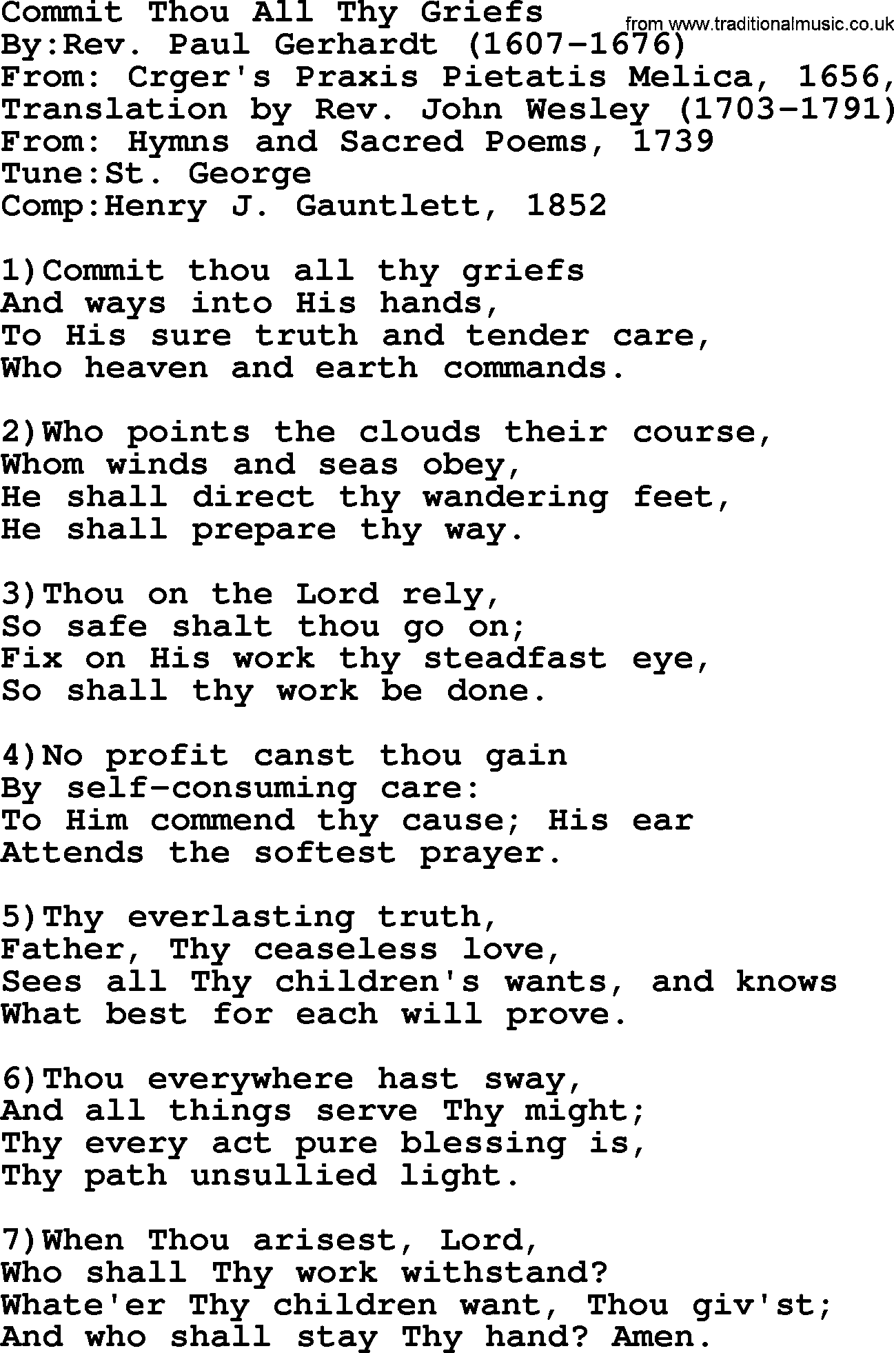 Methodist Hymn: Commit Thou All Thy Griefs, lyrics