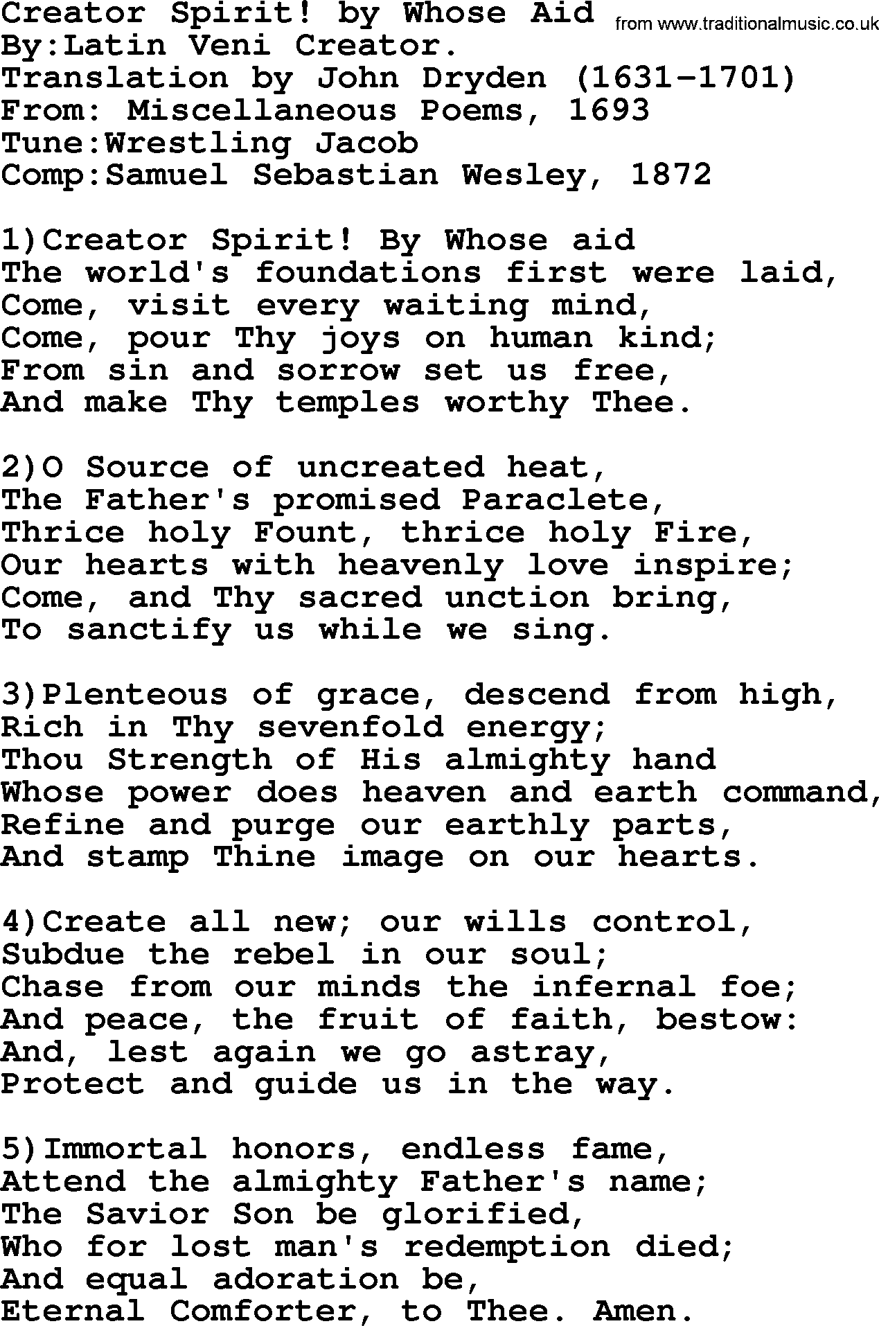 Methodist Hymn: Creator Spirit! By Whose Aid, lyrics