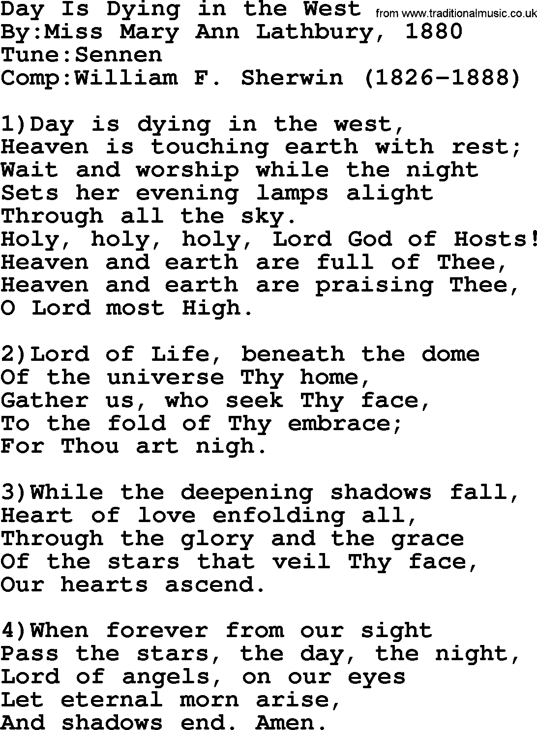 Methodist Hymn: Day Is Dying In The West, lyrics