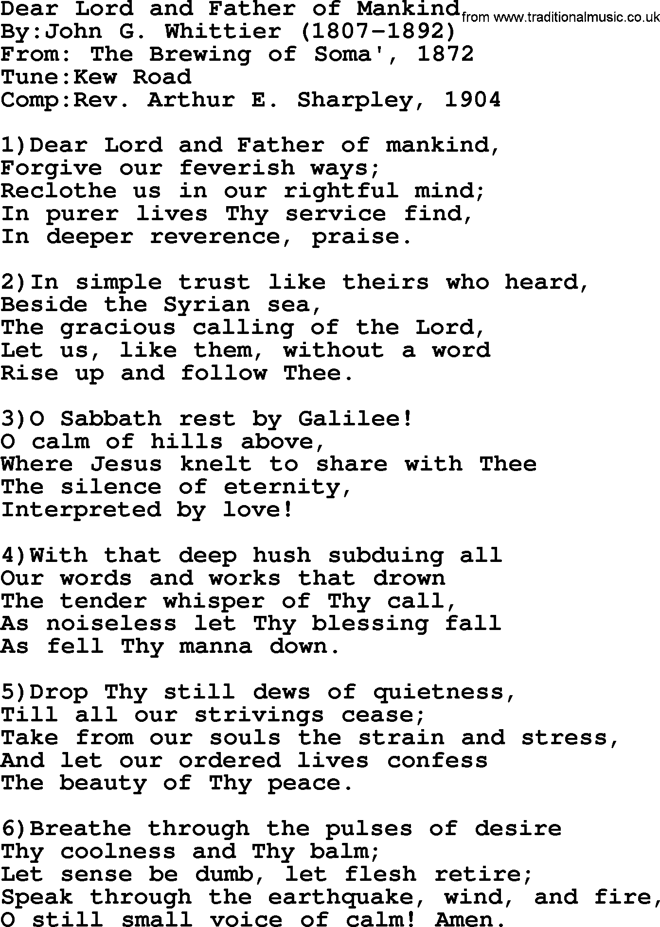 Methodist Hymn: Dear Lord And Father Of Mankind, lyrics