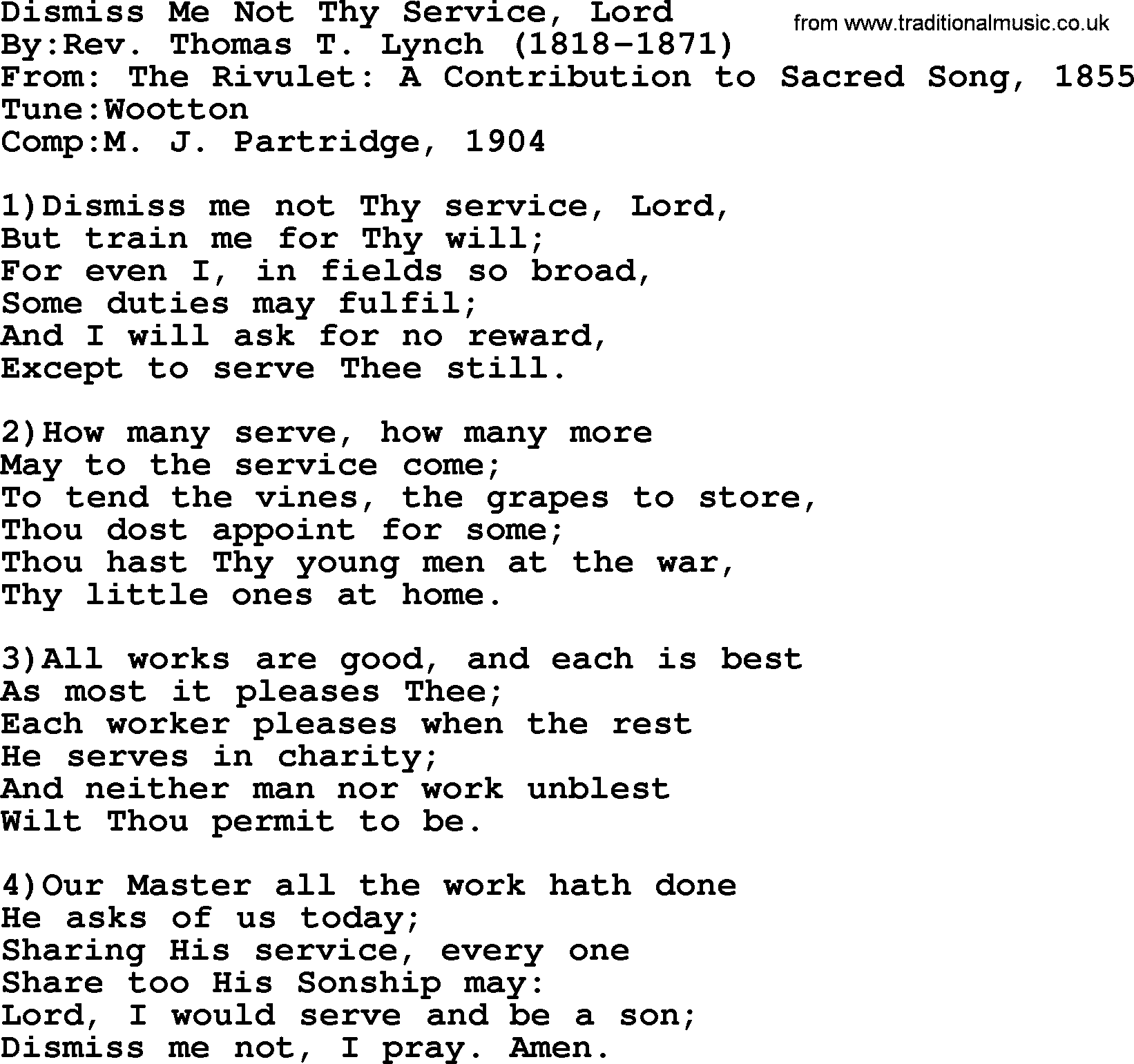 Methodist Hymn: Dismiss Me Not Thy Service, Lord, lyrics