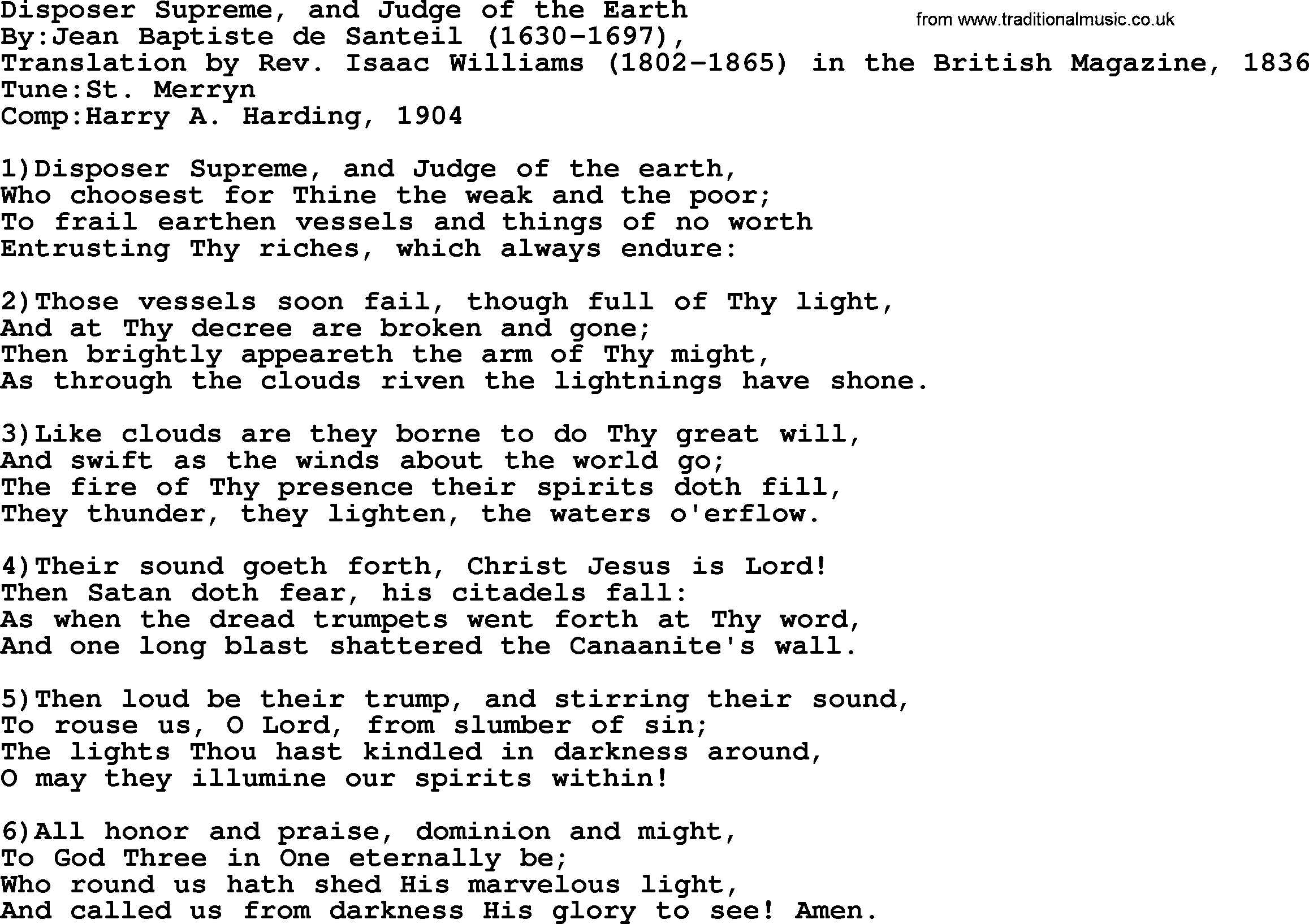 Methodist Hymn: Disposer Supreme, And Judge Of The Earth, lyrics